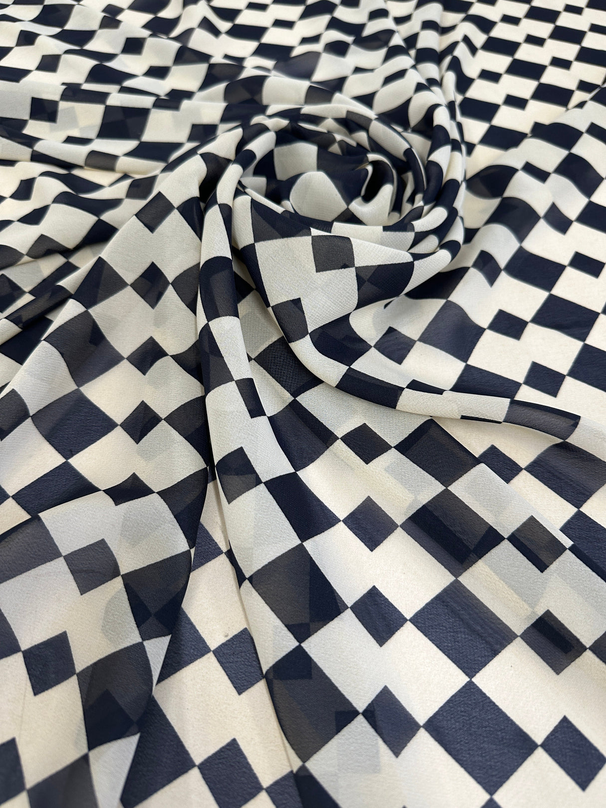 Printed Viscose Chiffon Ivory Black Checkers