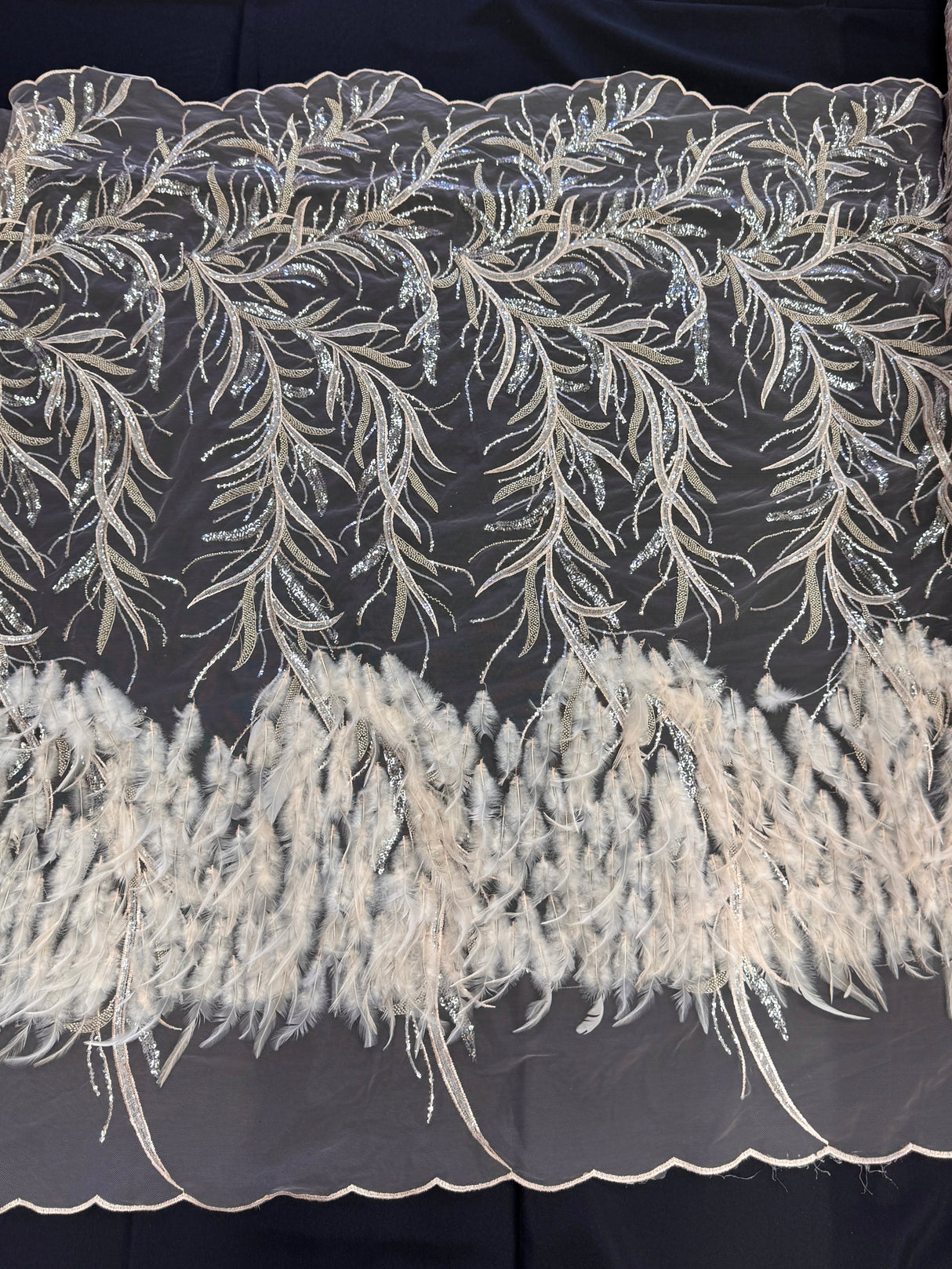 Feather Sequin Embroidered Scalloped Lace