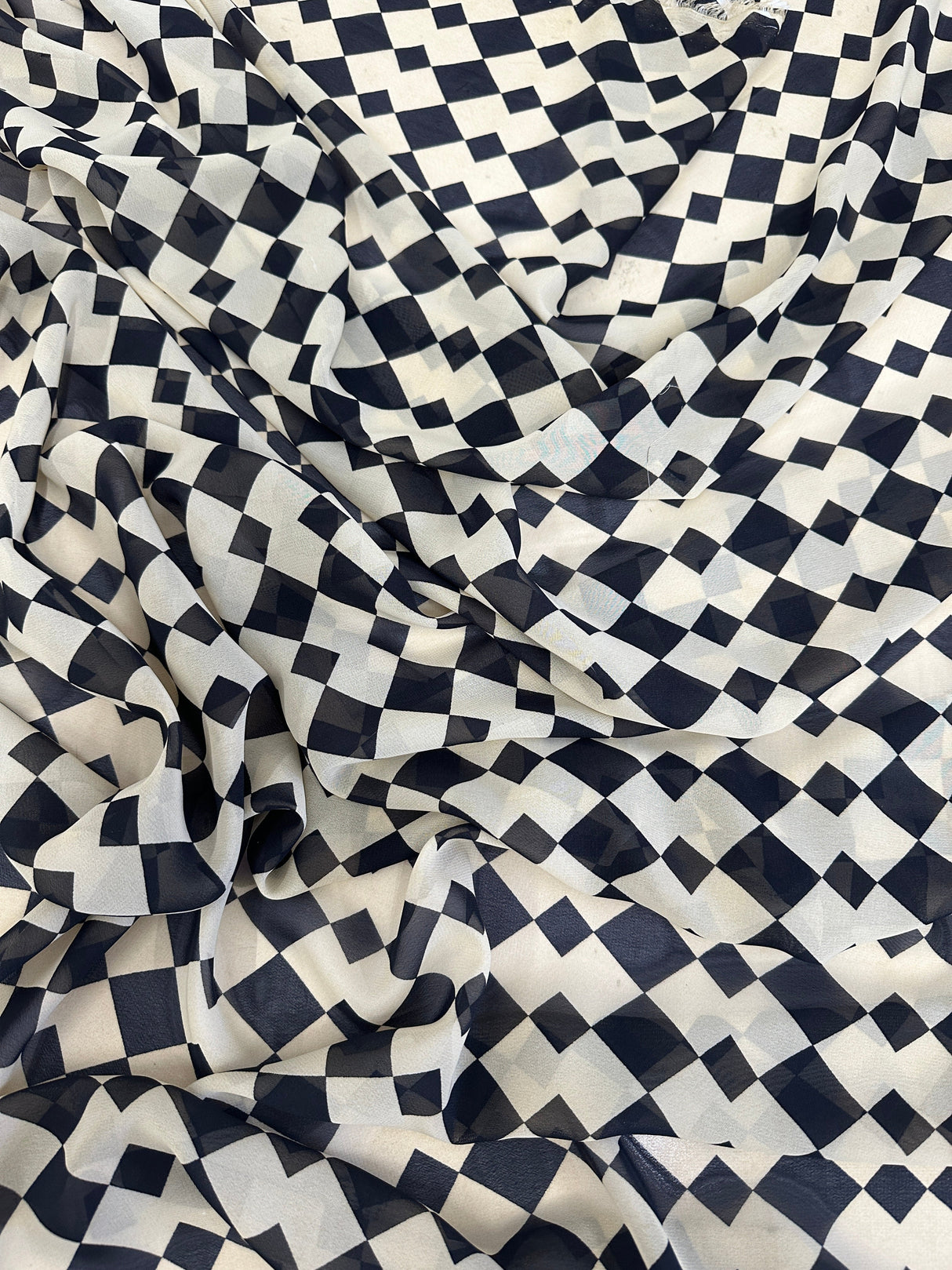 Printed Viscose Chiffon Ivory Black Checkers