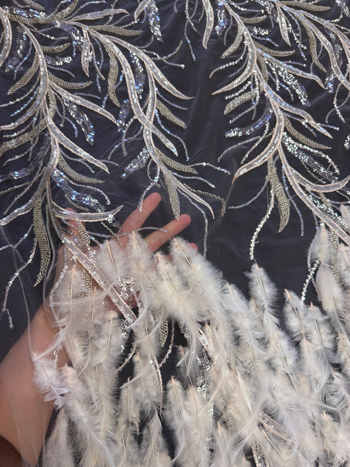 Feather Sequin Embroidered Scalloped Lace