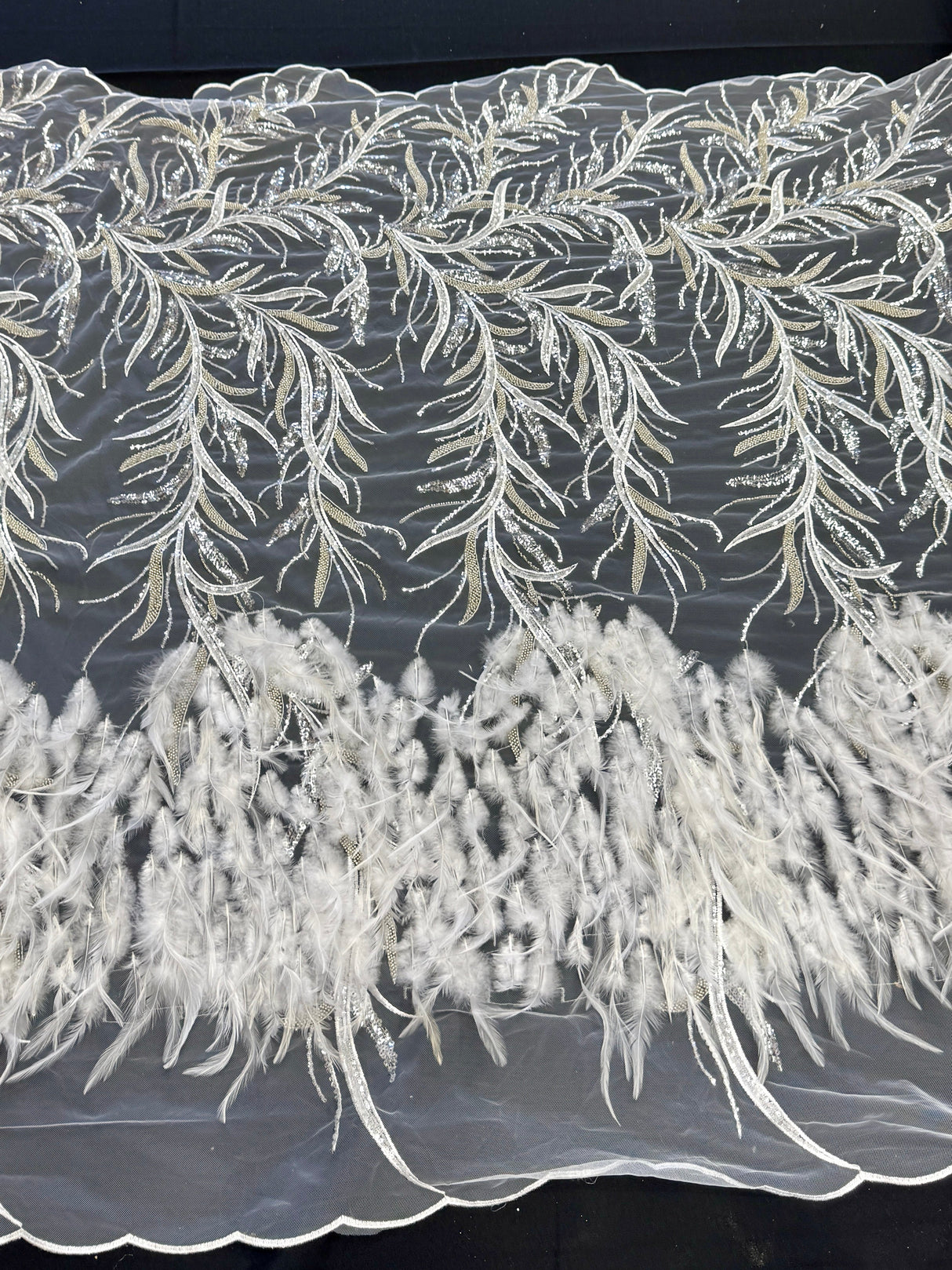 Feather Sequin Embroidered Scalloped Lace
