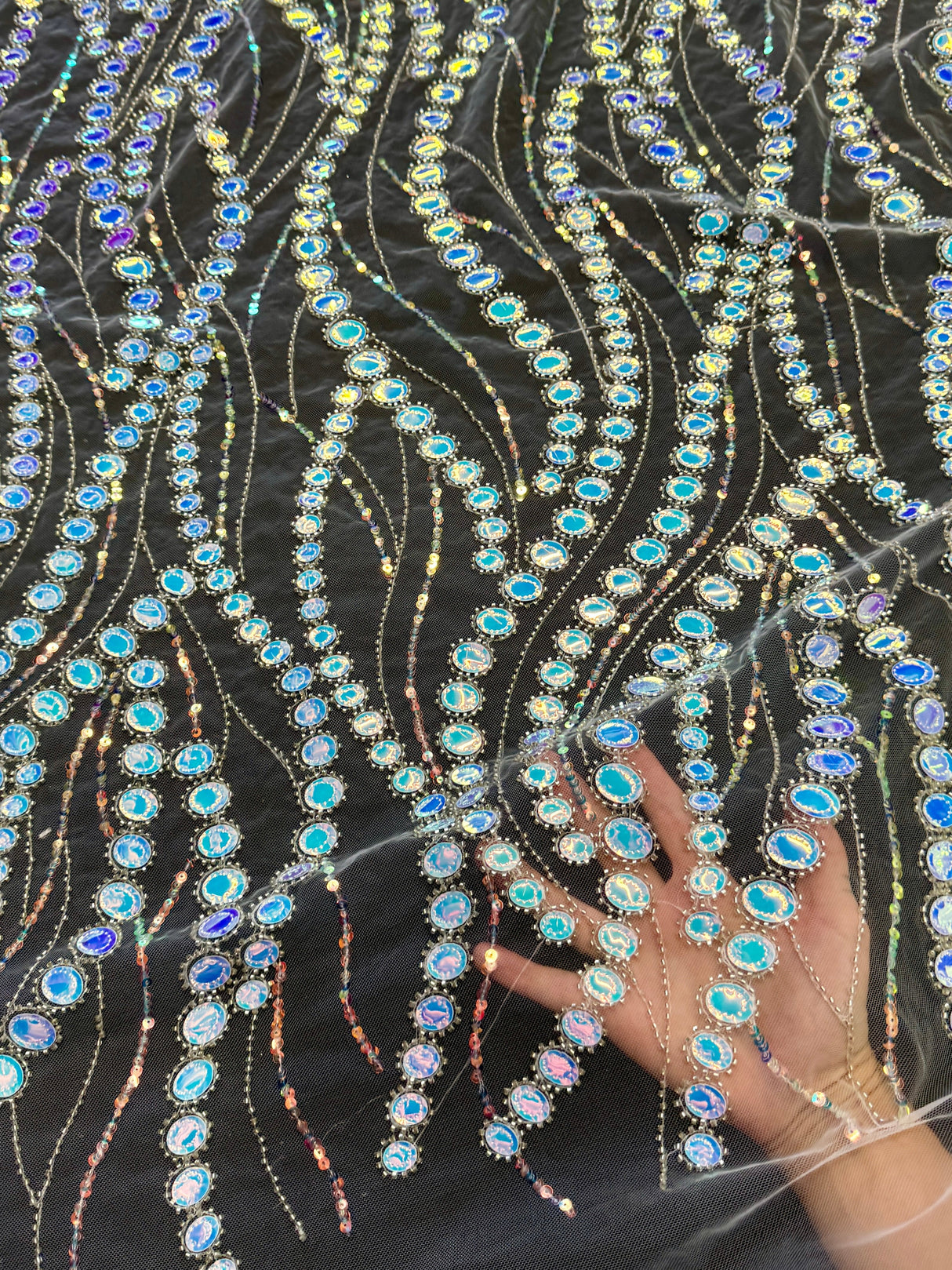 Stretch Sequin Wave Lace White Iridescent