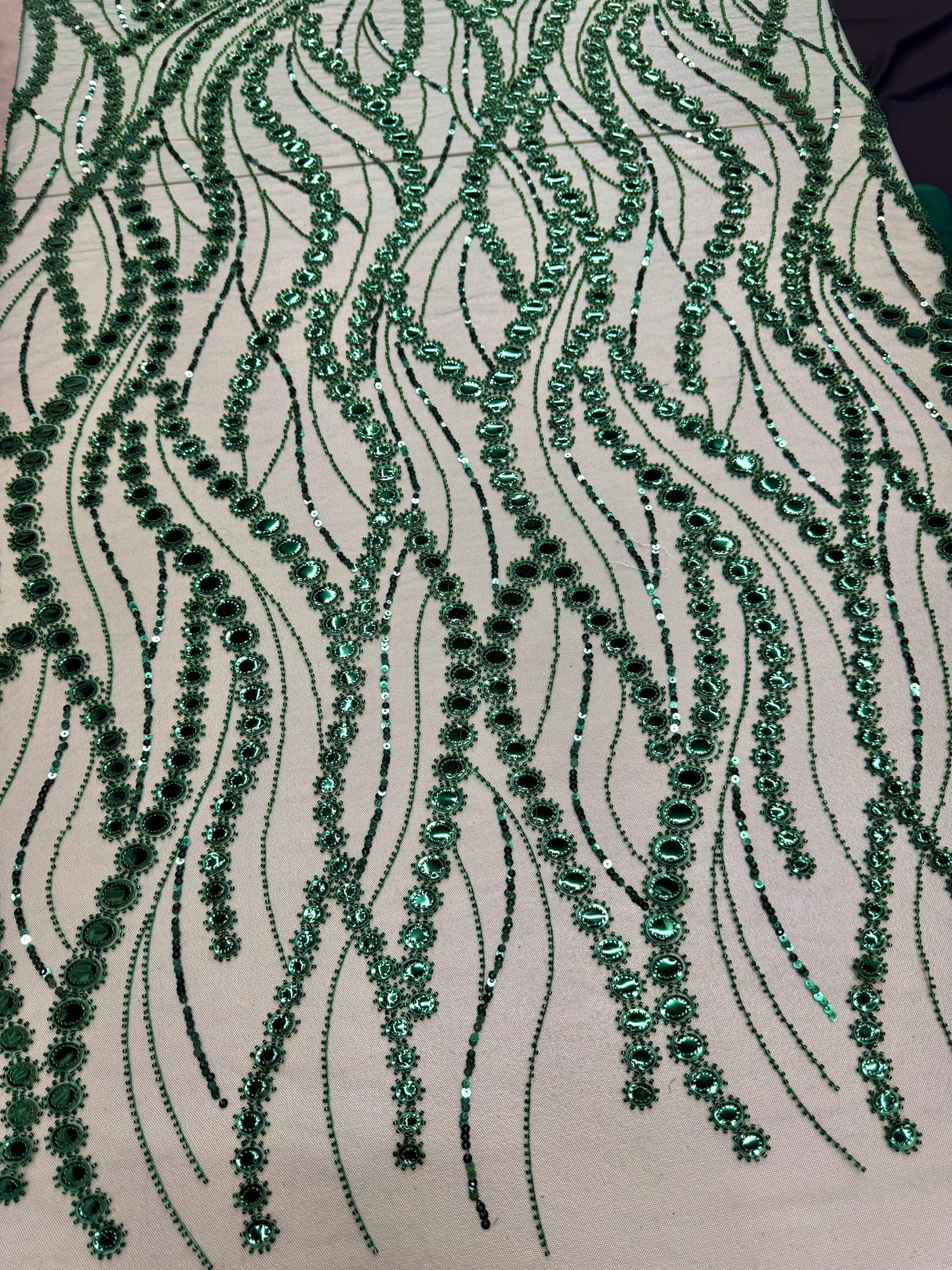 Stretch Mirror Sequin Wave Lace Emerald Green