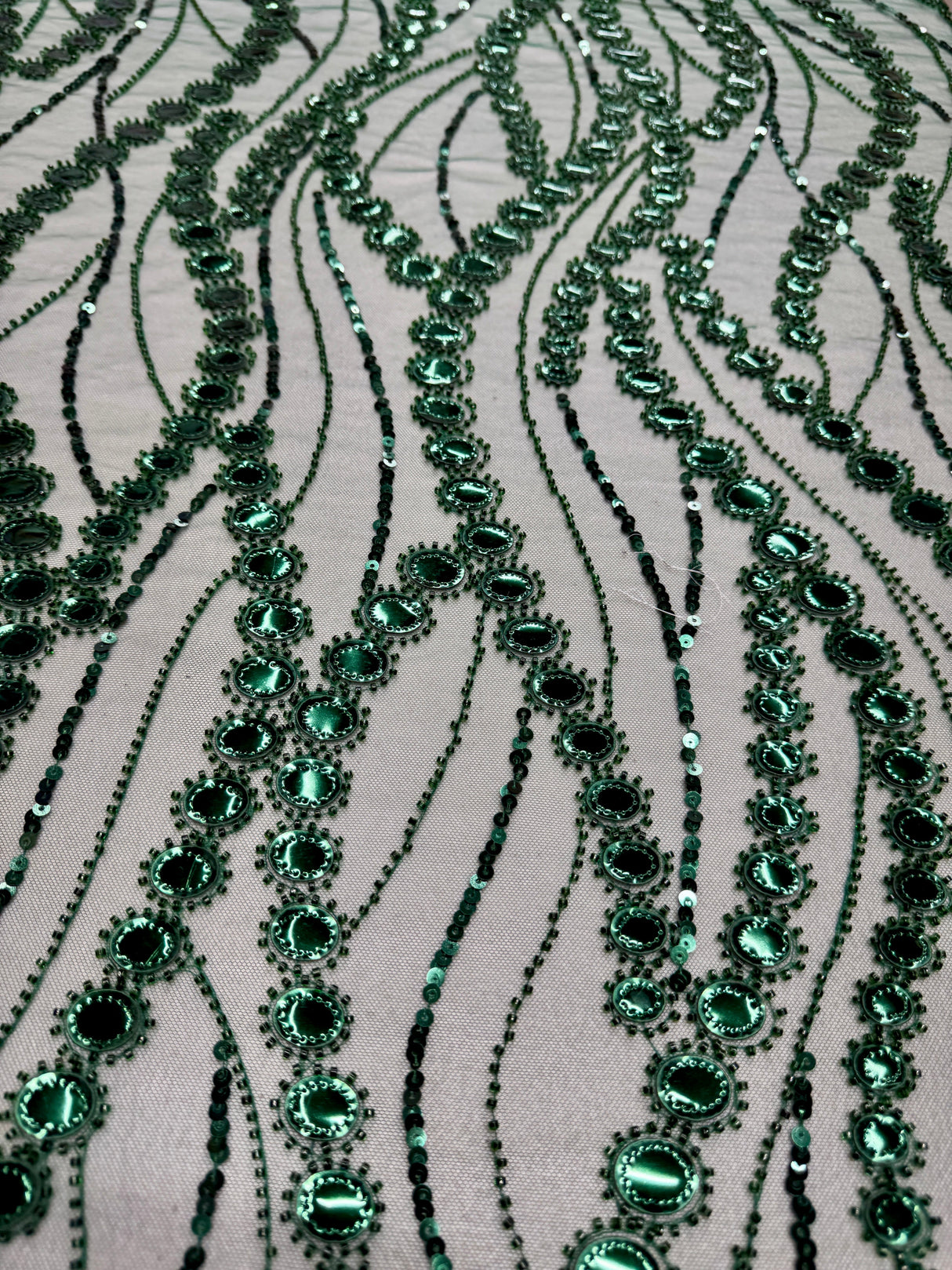Stretch Mirror Sequin Wave Lace Emerald Green