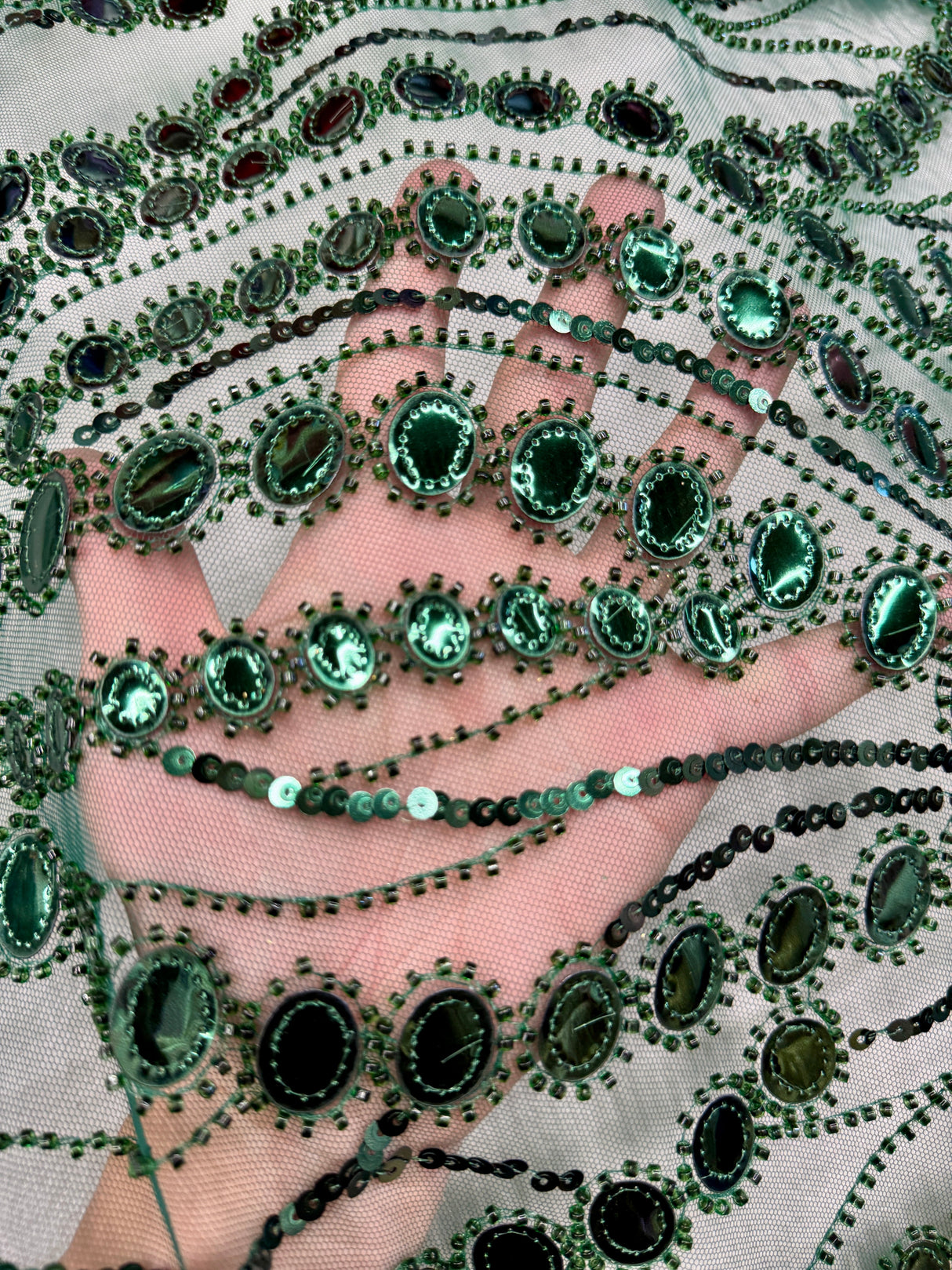 Stretch Mirror Sequin Wave Lace Emerald Green