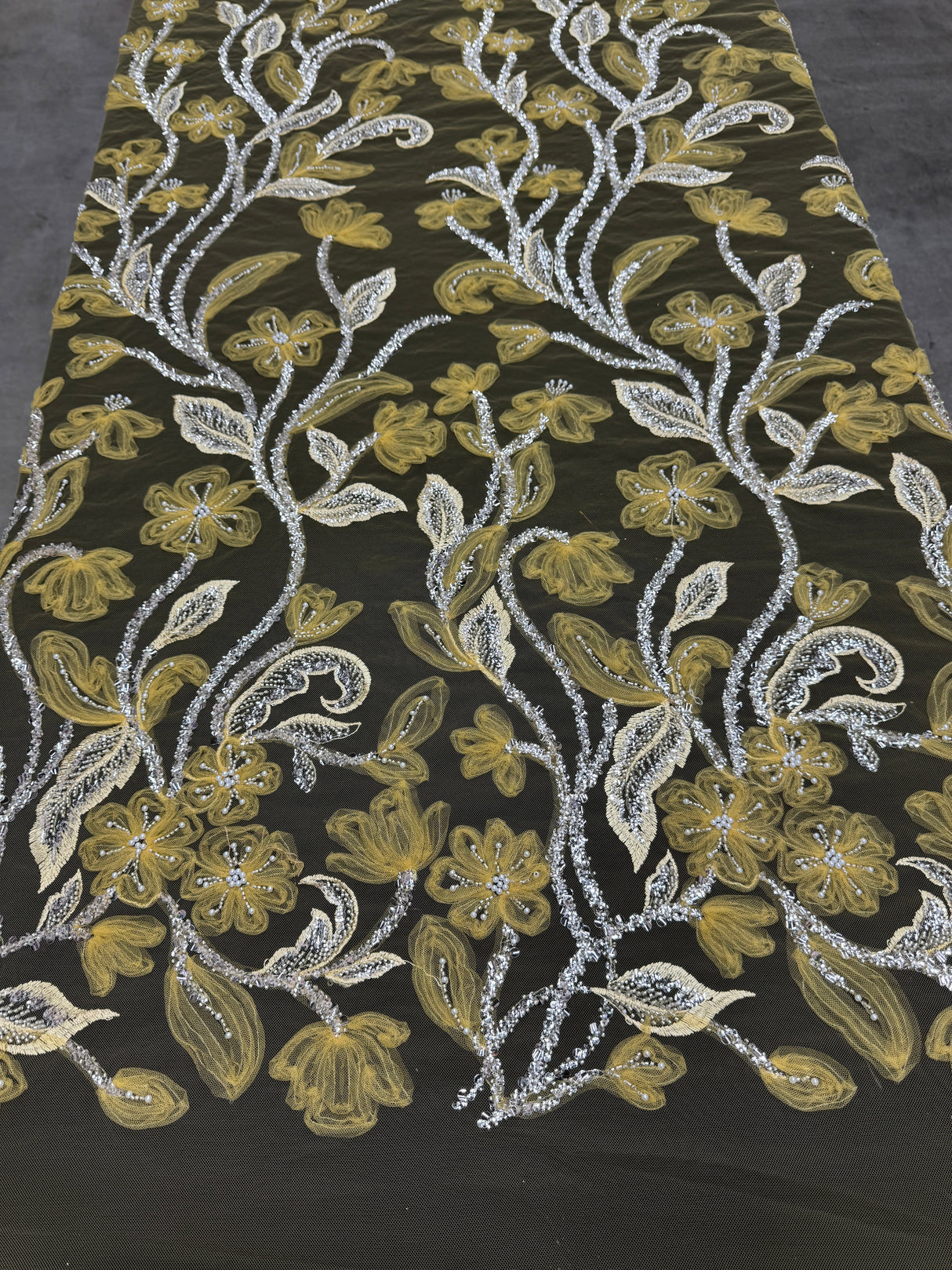 Yellow 3D Floral Tulle Beaded Lace Mesh