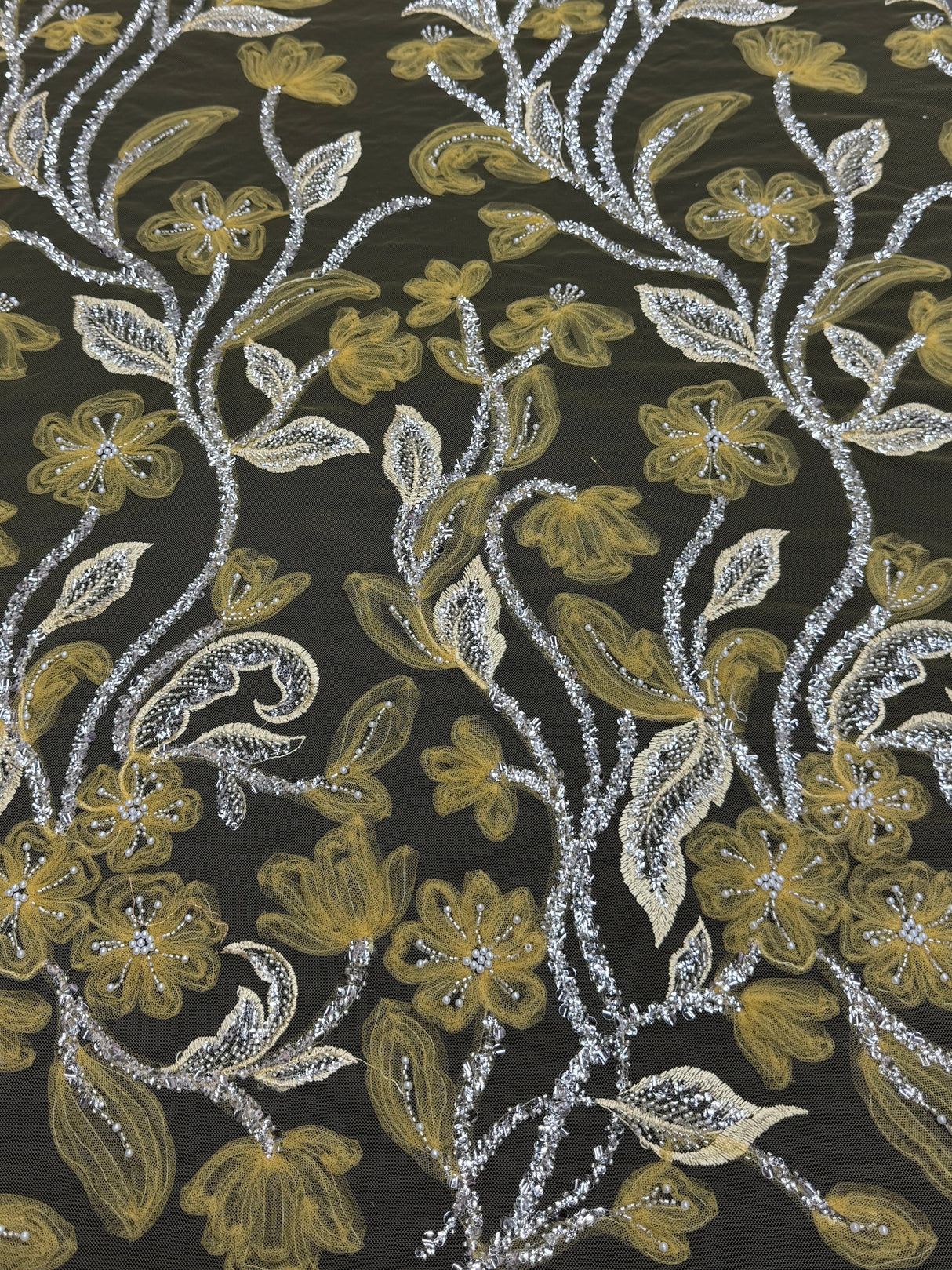 Yellow 3D Floral Tulle Beaded Lace Mesh