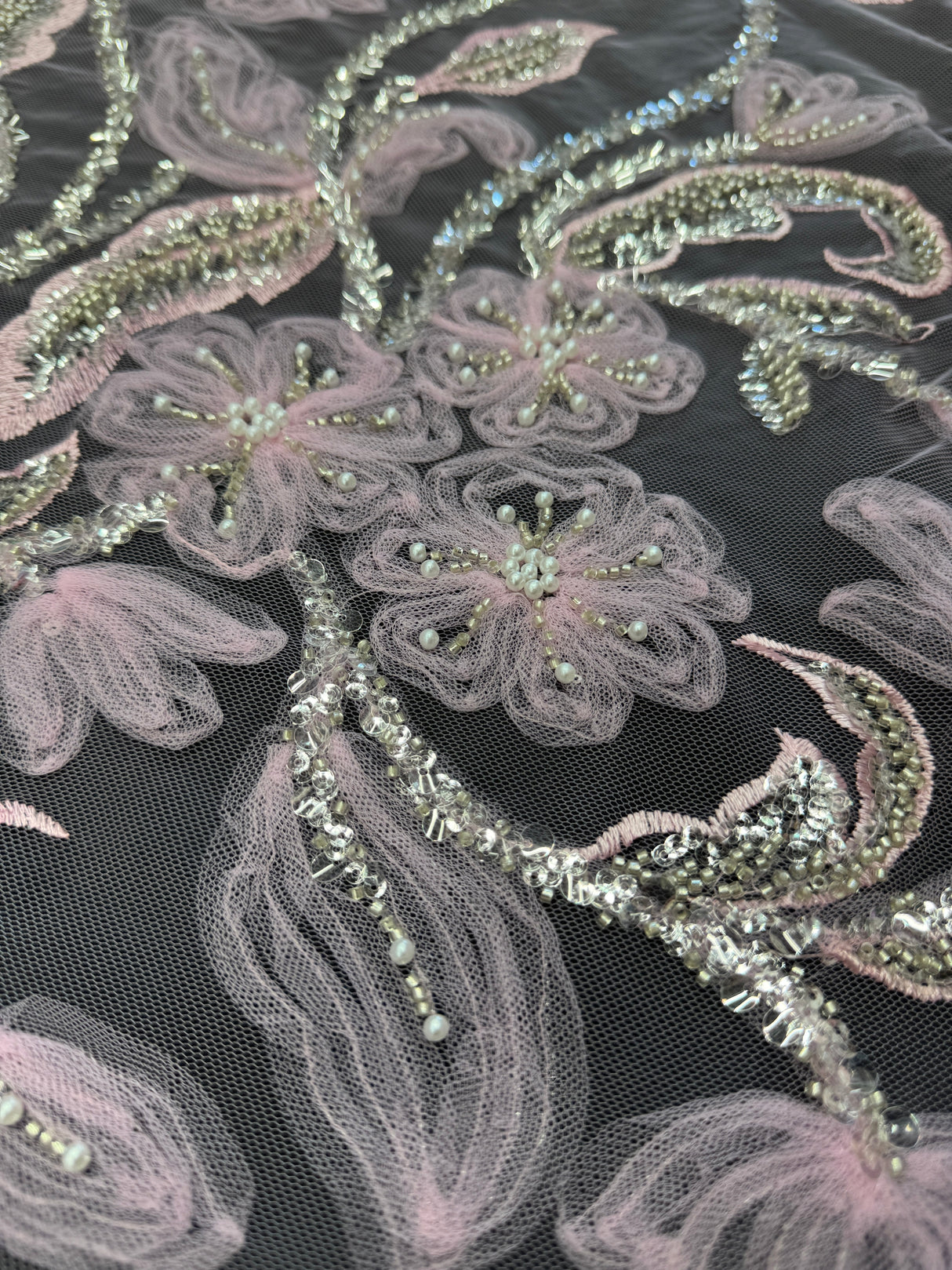 3D Floral Tulle Beaded Lace Mesh Baby Pink
