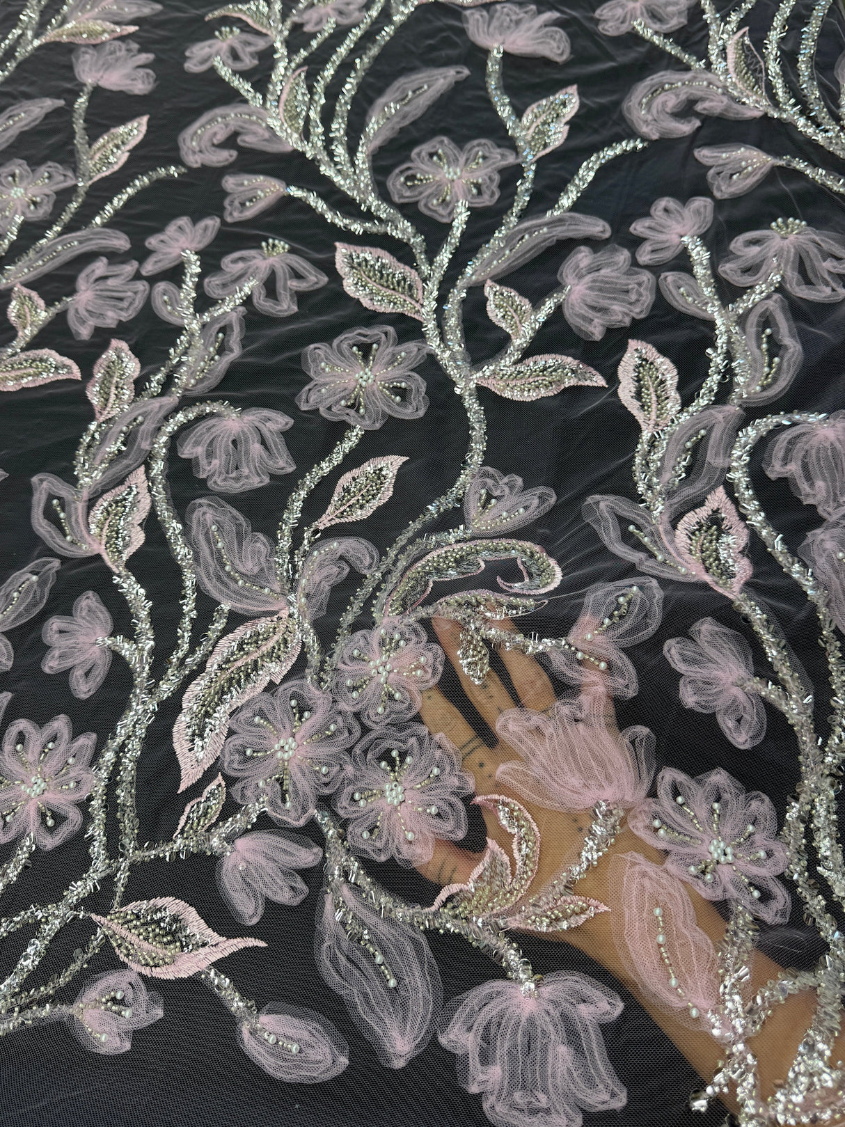 3D Floral Tulle Beaded Lace Mesh Baby Pink