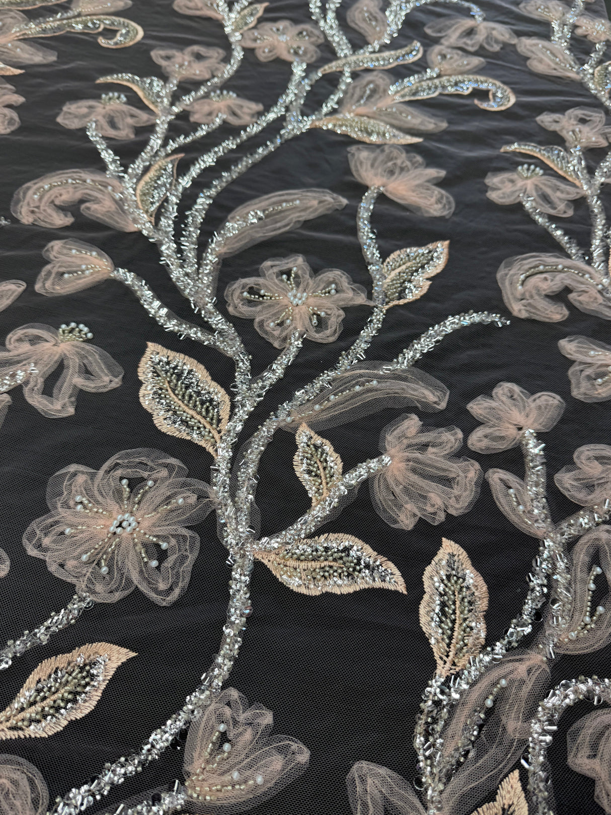 Peach 3D Floral Tulle Beaded Lace Mesh