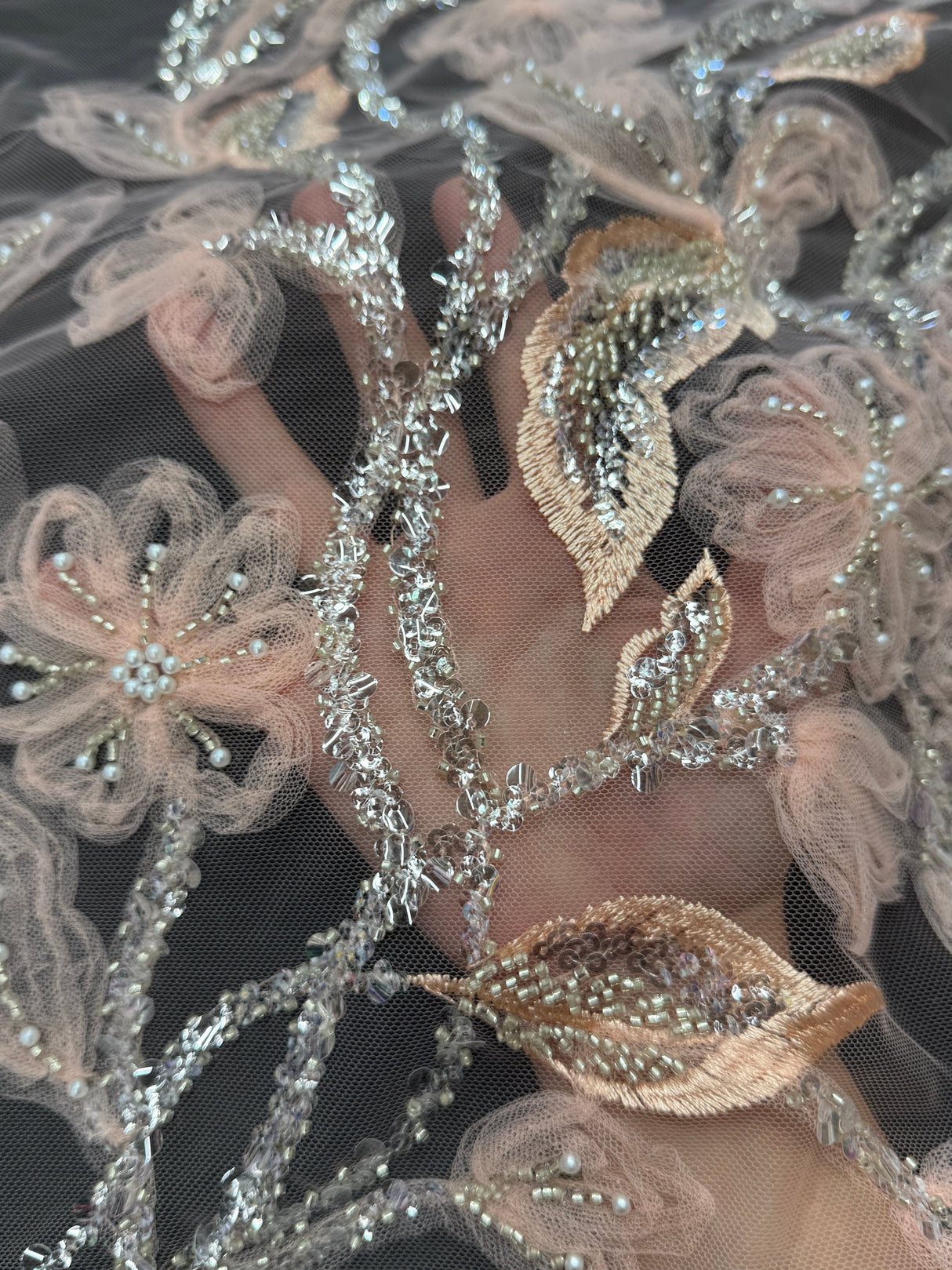 Peach 3D Floral Tulle Beaded Lace Mesh