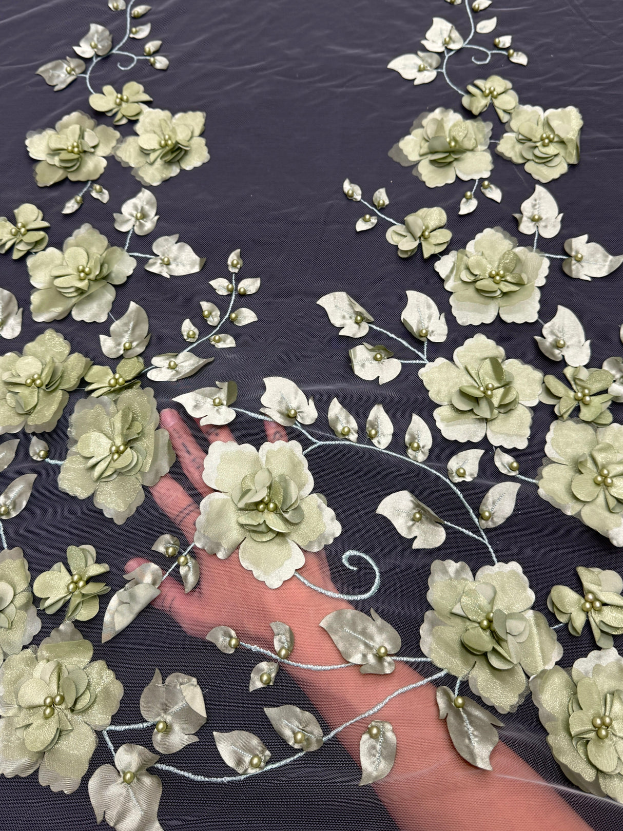 3D Flower Beaded Lace Mesh Pistachio