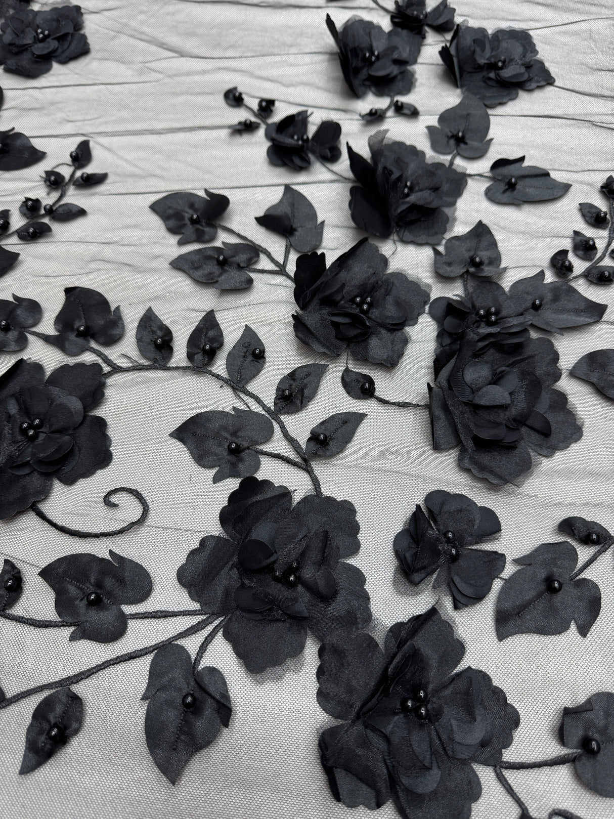 Black 3D Flower Beaded Lace Mesh