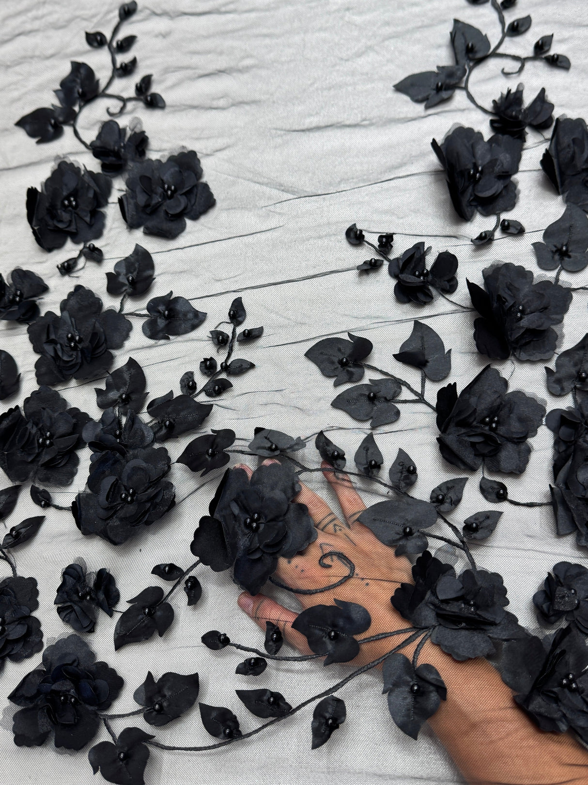 Black 3D Flower Beaded Lace Mesh
