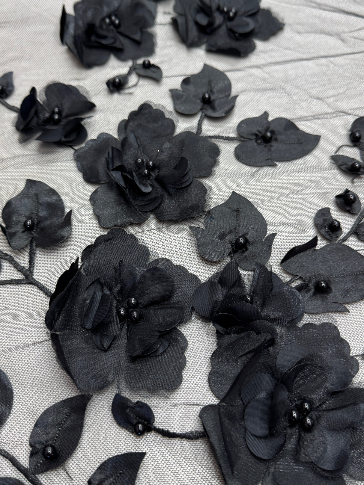 Black 3D Flower Beaded Lace Mesh