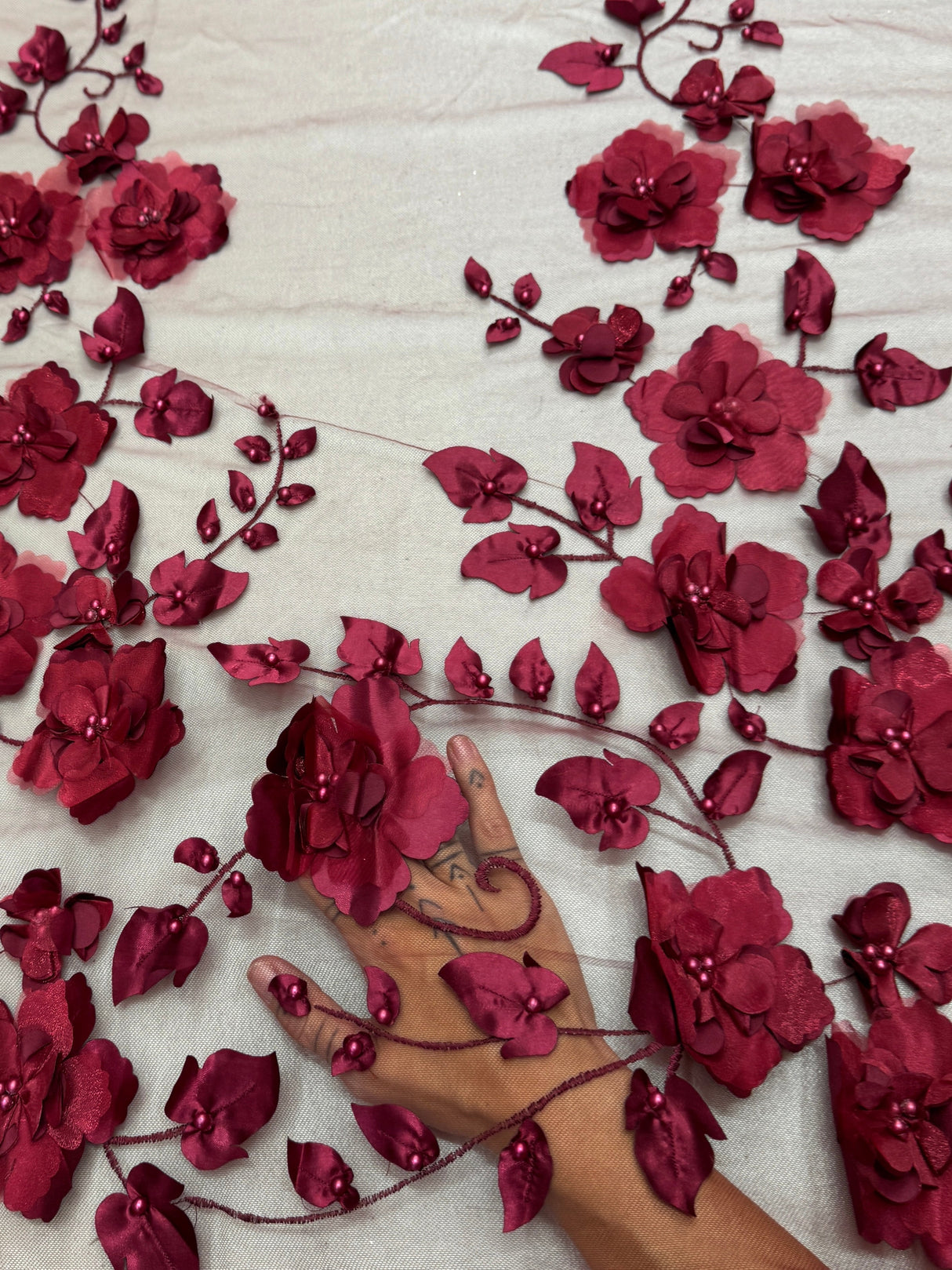 Beaded Lace Mesh Burgundy 3D Flower