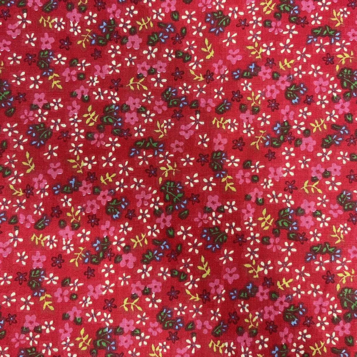Yellow Blue Green Mini Flower on Red Poly Cotton Fabric