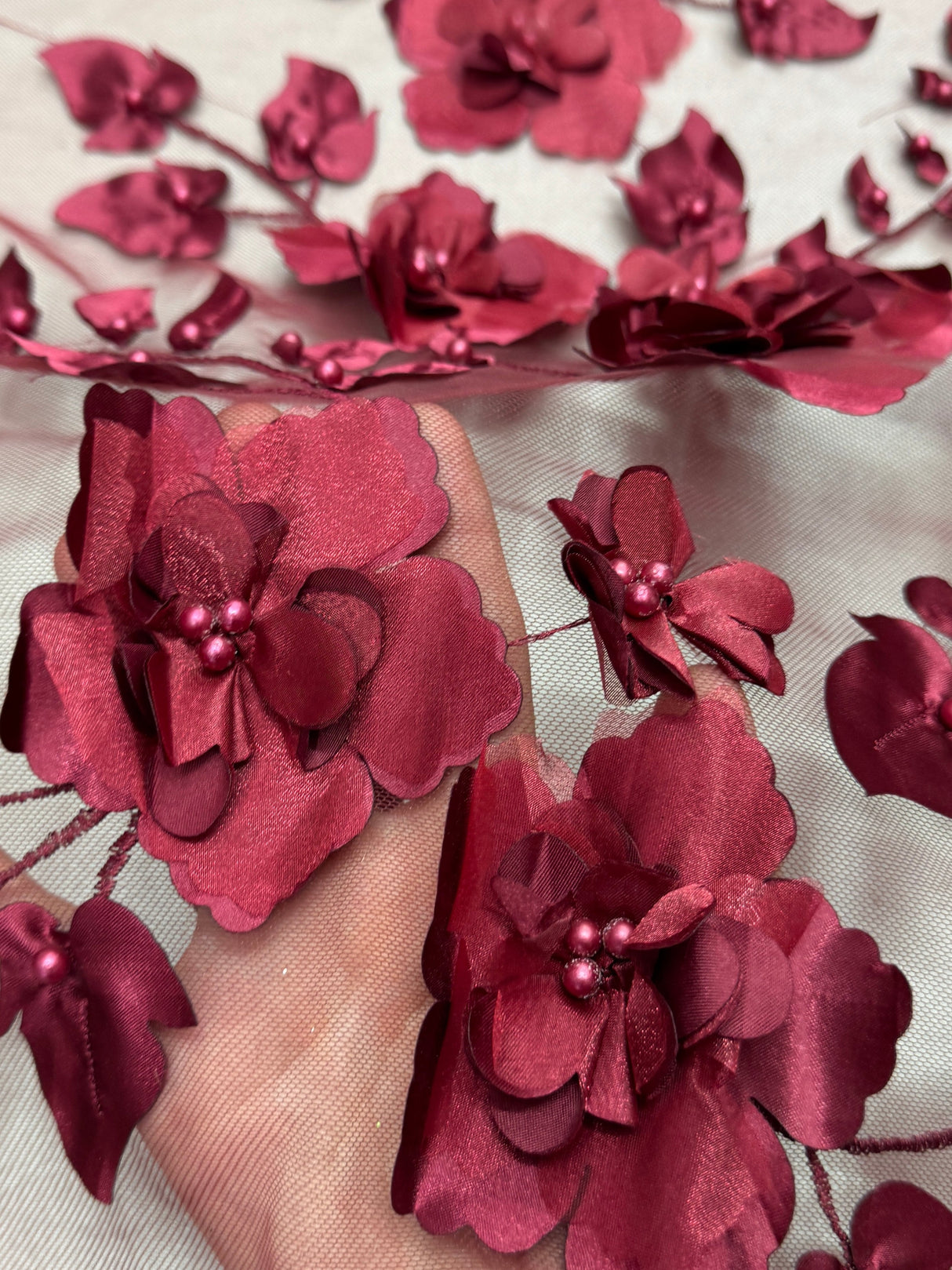 Beaded Lace Mesh Burgundy 3D Flower