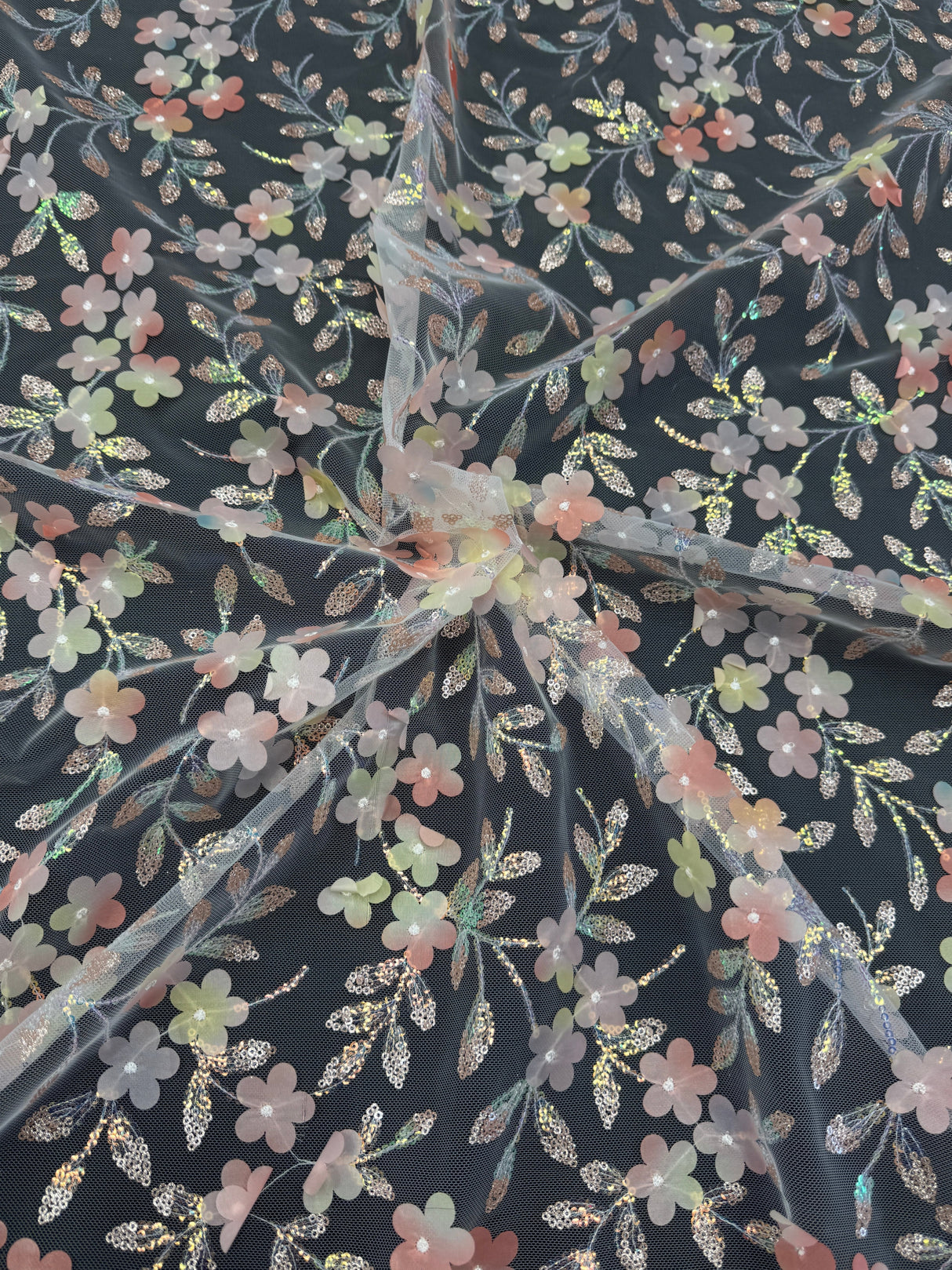 3D Floral Embroidered Tulle Peach Multicolor