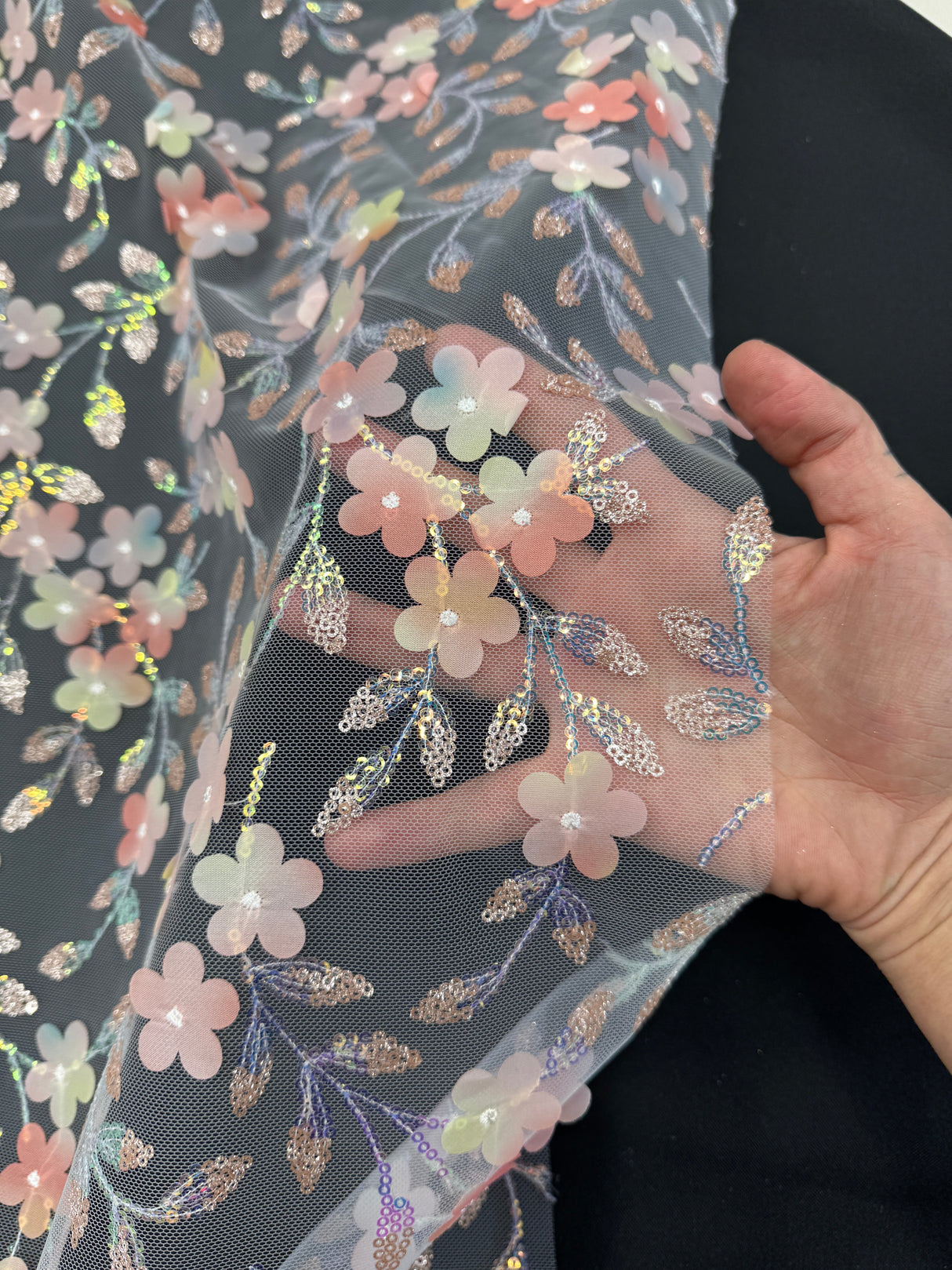 3D Floral Embroidered Tulle Peach Multicolor