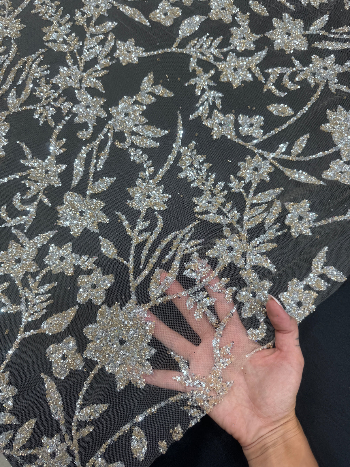 Beaded Floral Lace Silver Champagne