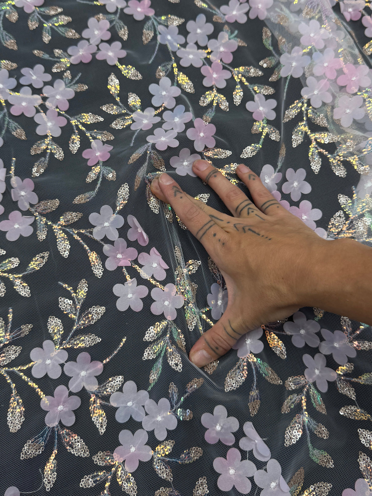 3D Floral Embroidered Tulle Baby Pink Multicolor