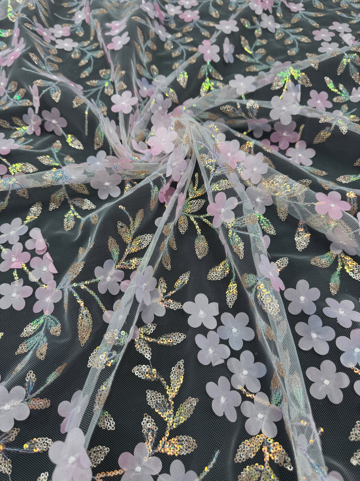 3D Floral Embroidered Tulle Baby Pink Multicolor