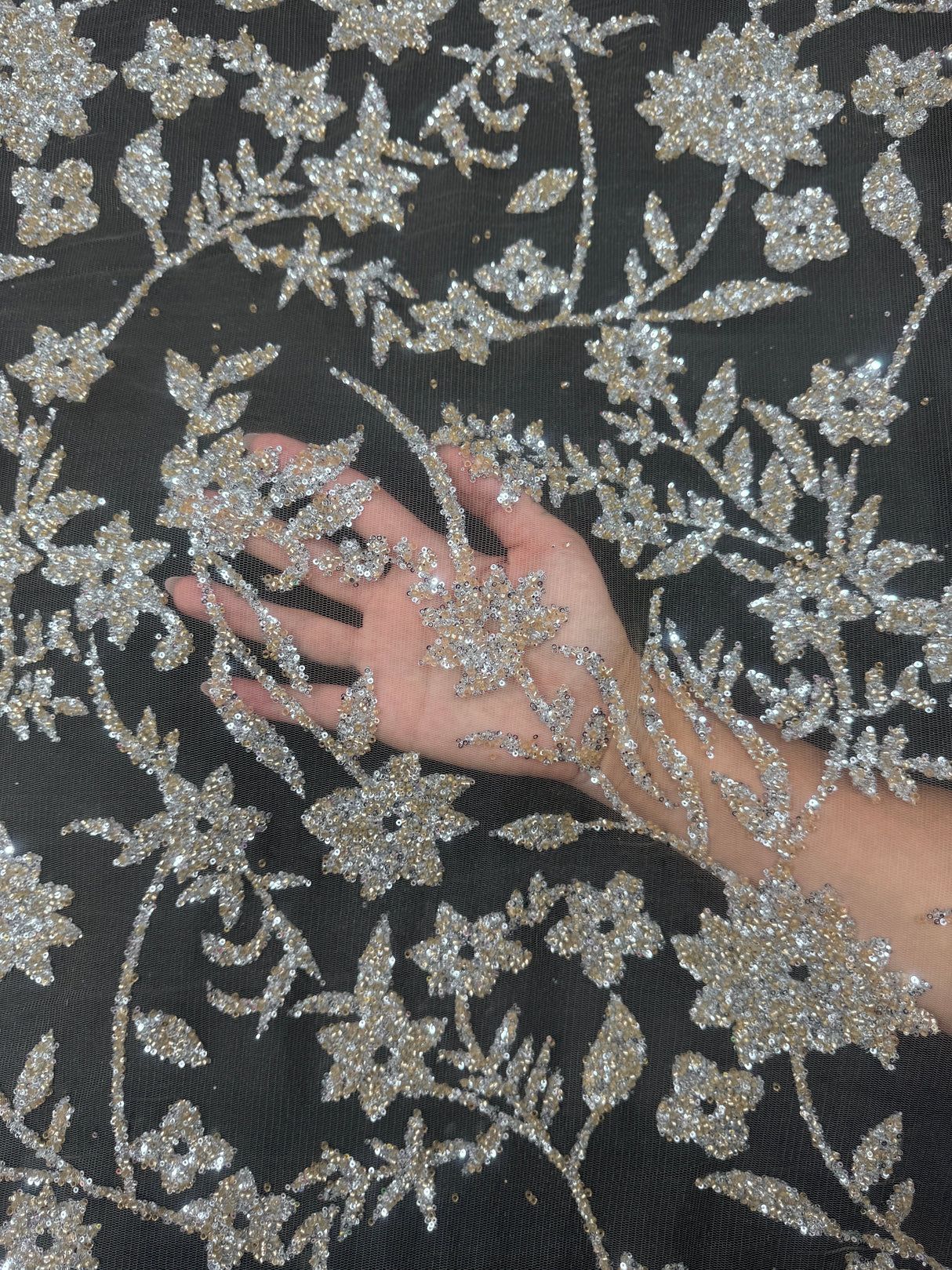 Beaded Floral Lace Silver Champagne