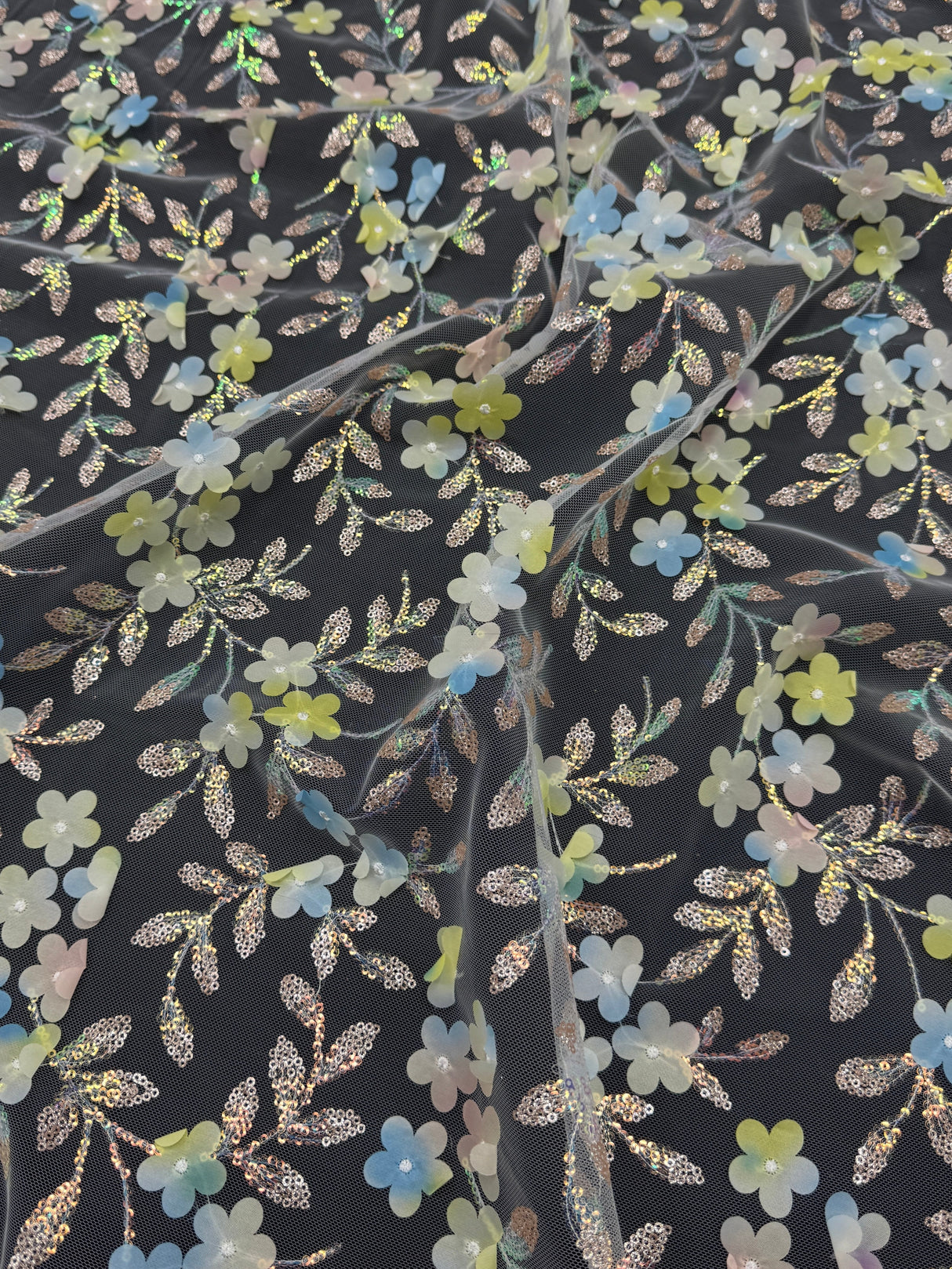 3D Floral Embroidered Tulle Blue Yellow Multicolor