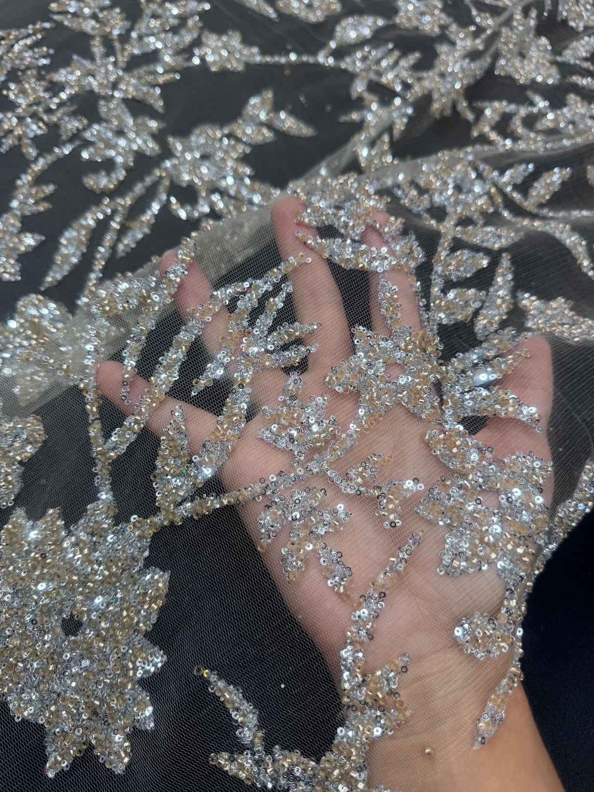 Beaded Floral Lace Silver Champagne