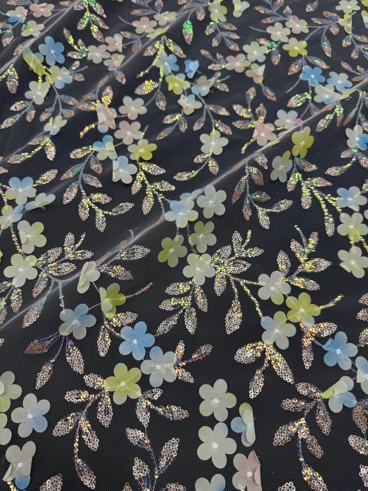 3D Floral Embroidered Tulle Blue Yellow Multicolor