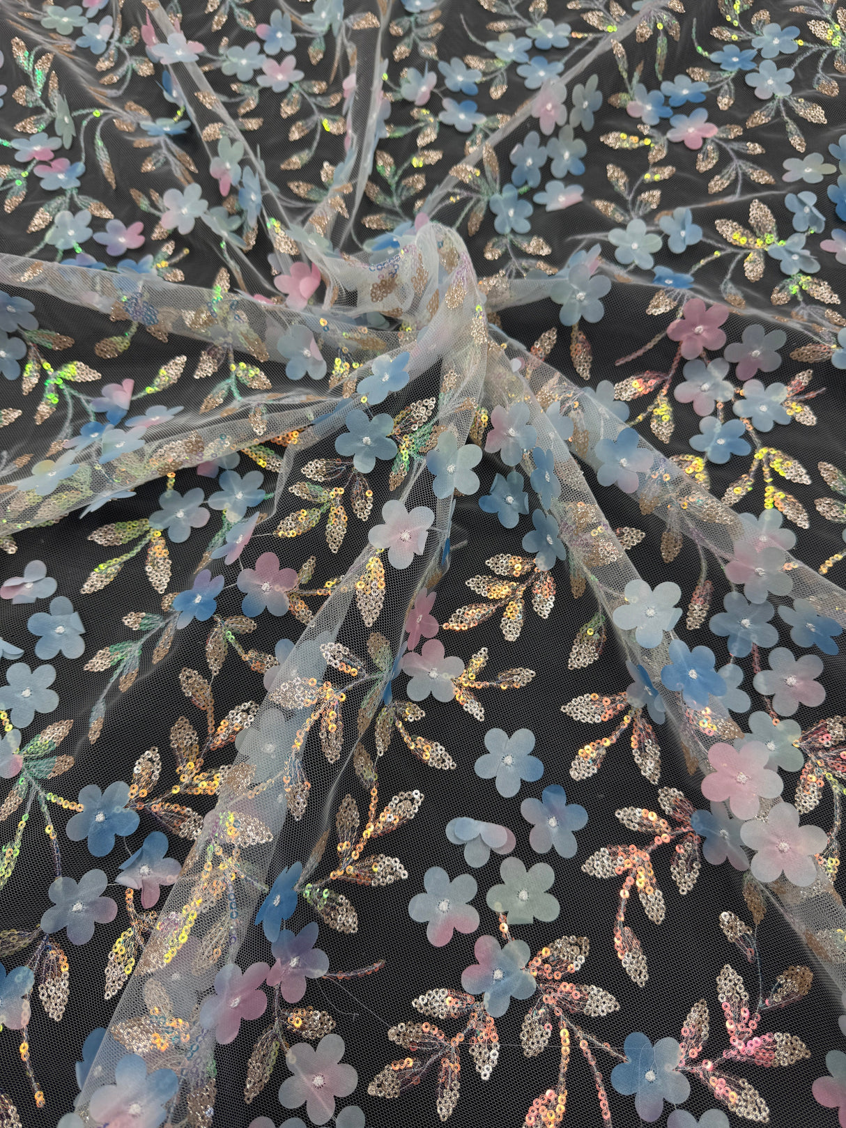3D Floral Embroidered Tulle Blue Multicolor