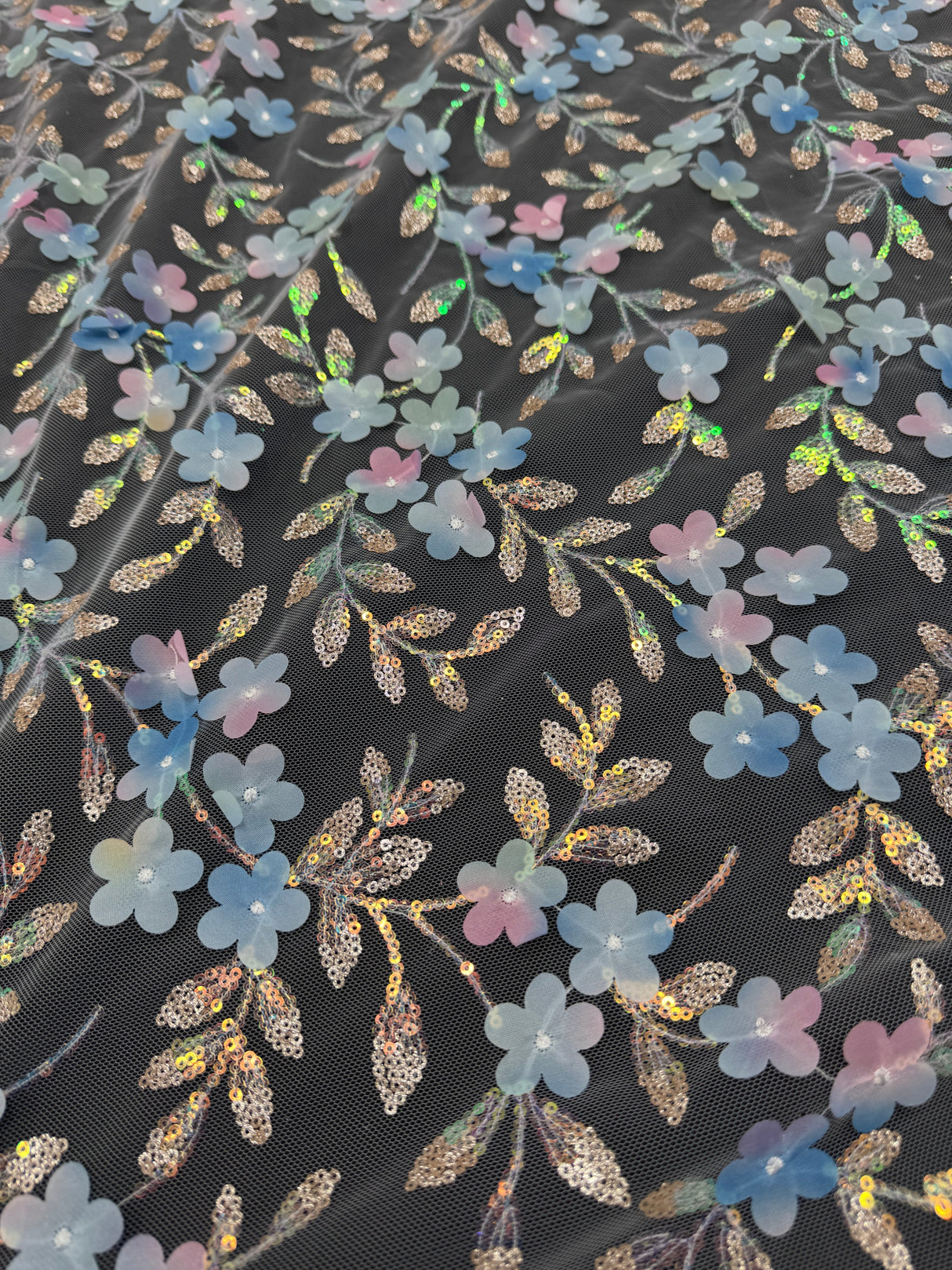 3D Floral Embroidered Tulle Blue Multicolor