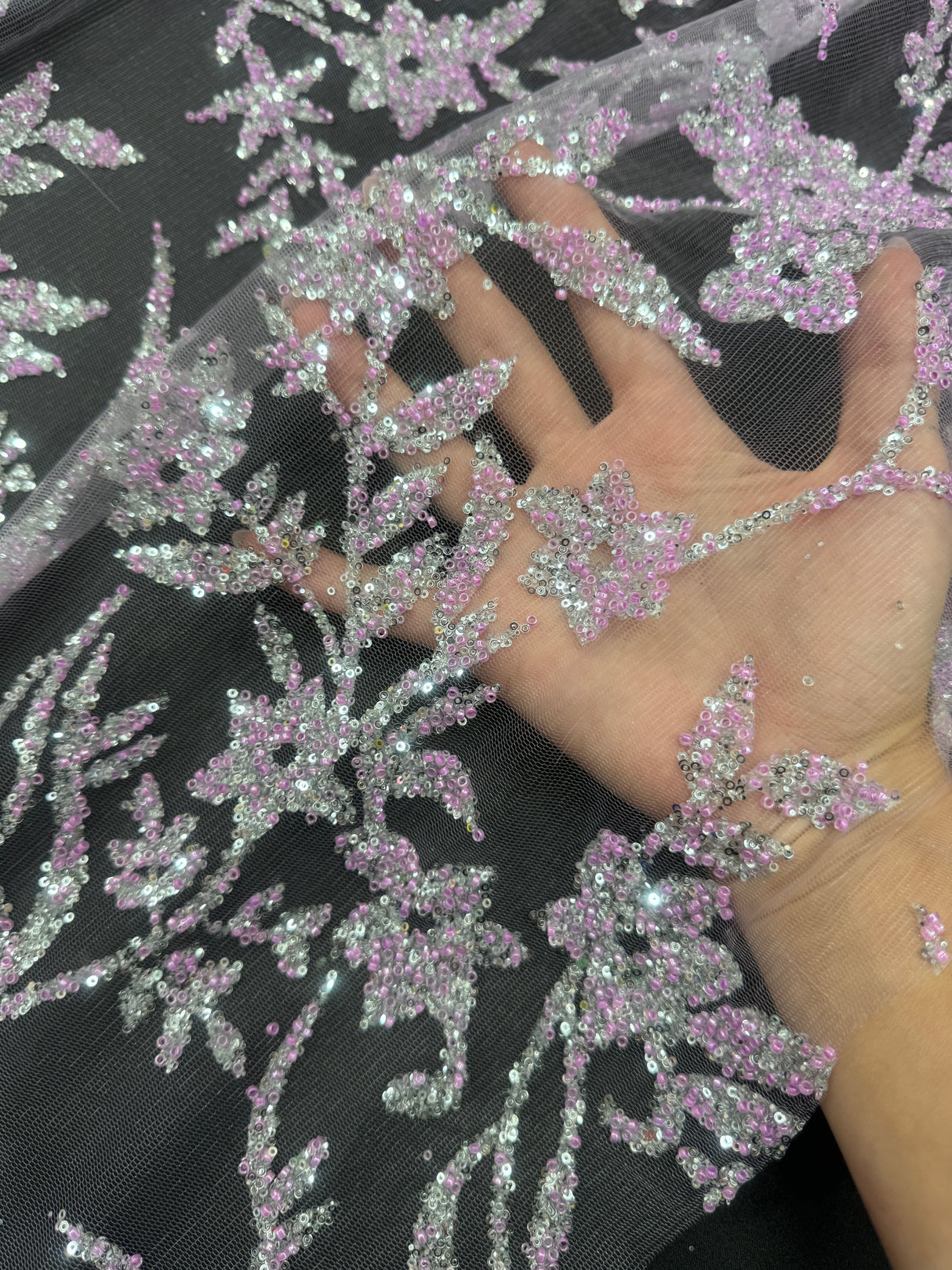 Beaded Floral Lace Lavender Silver