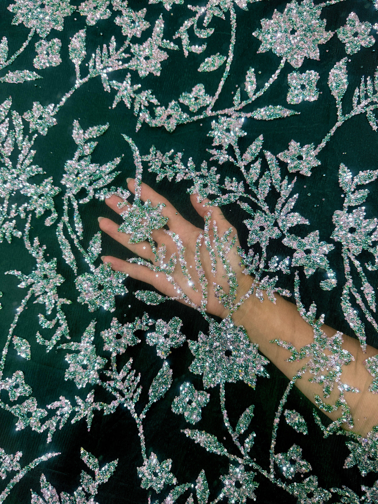 Beaded Floral Lace Green Silver