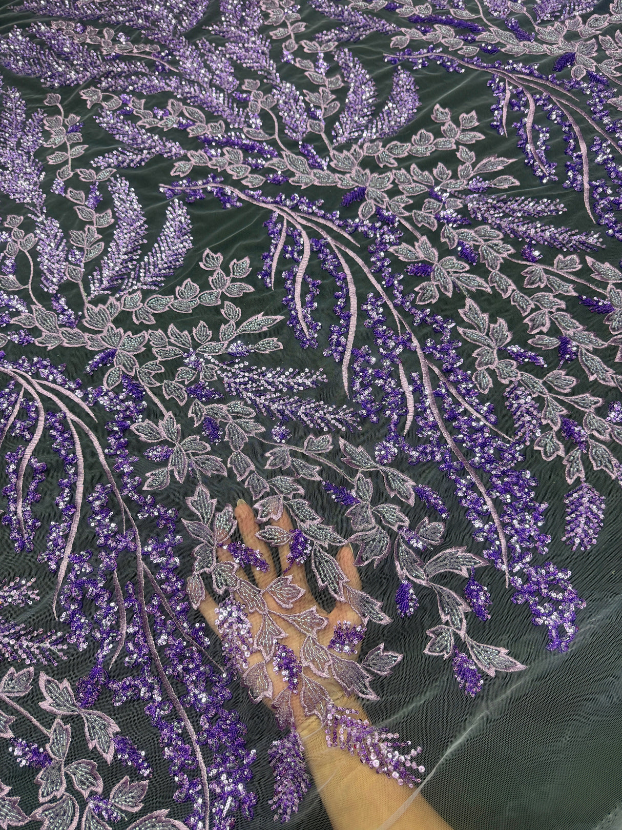 Beaded Embroidered Lace Lavender Leaves