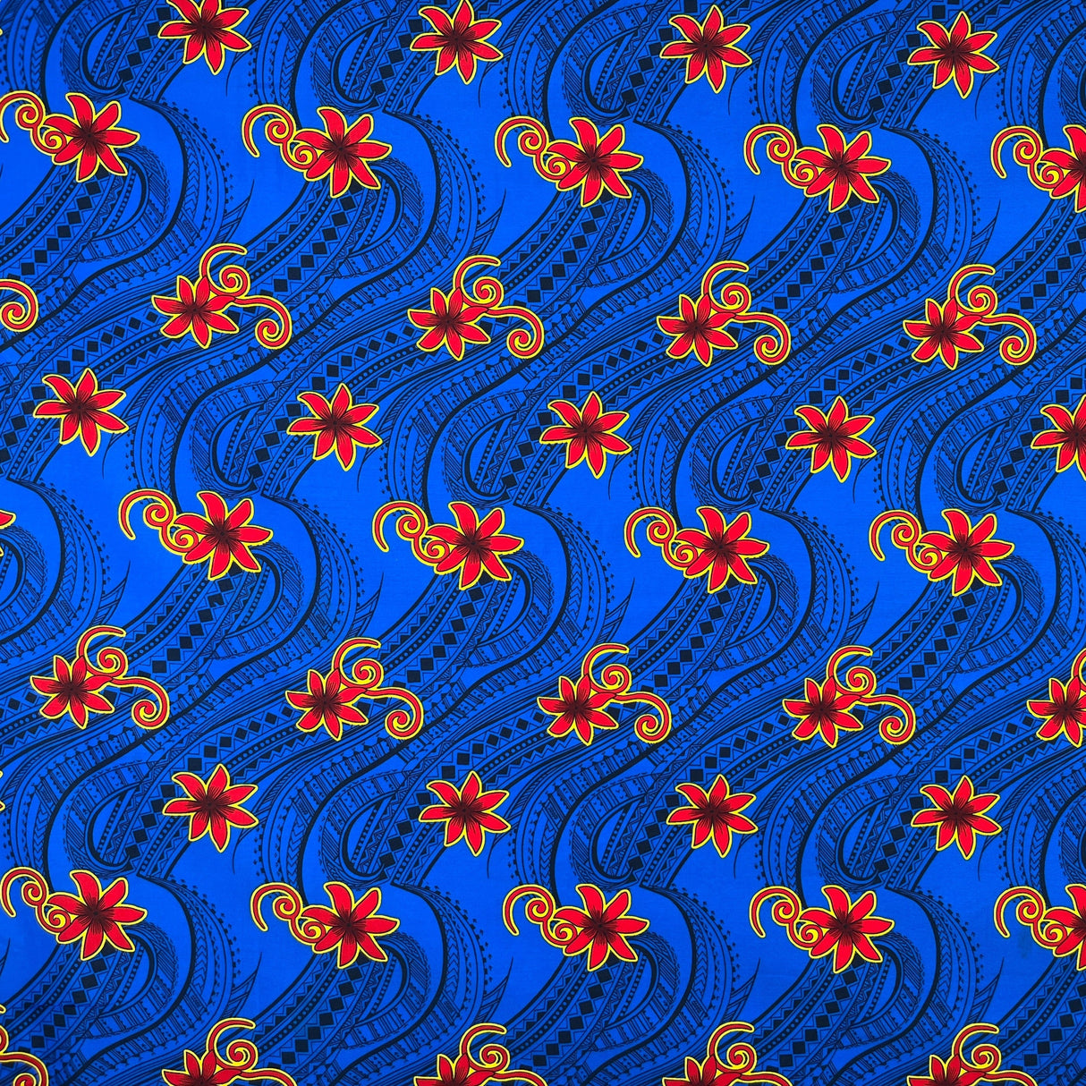 Tiare Waves Traditional Tattoo Polyester Fabric - Traditional Tattoo Waves Print, 60" Width (1 Yard)