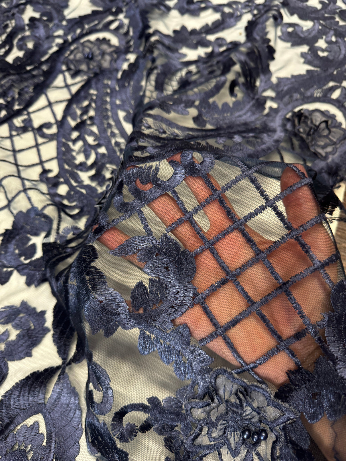 Embroidered Scalloped Lace Navy Baroque