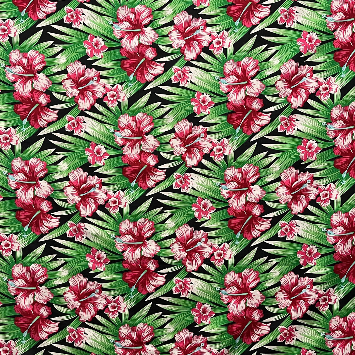 Multicolor Hibiscus Flowers Polyester Fabric - Tropical Hibiscus And Palm Tree Print, 60" Width (1 Yard)
