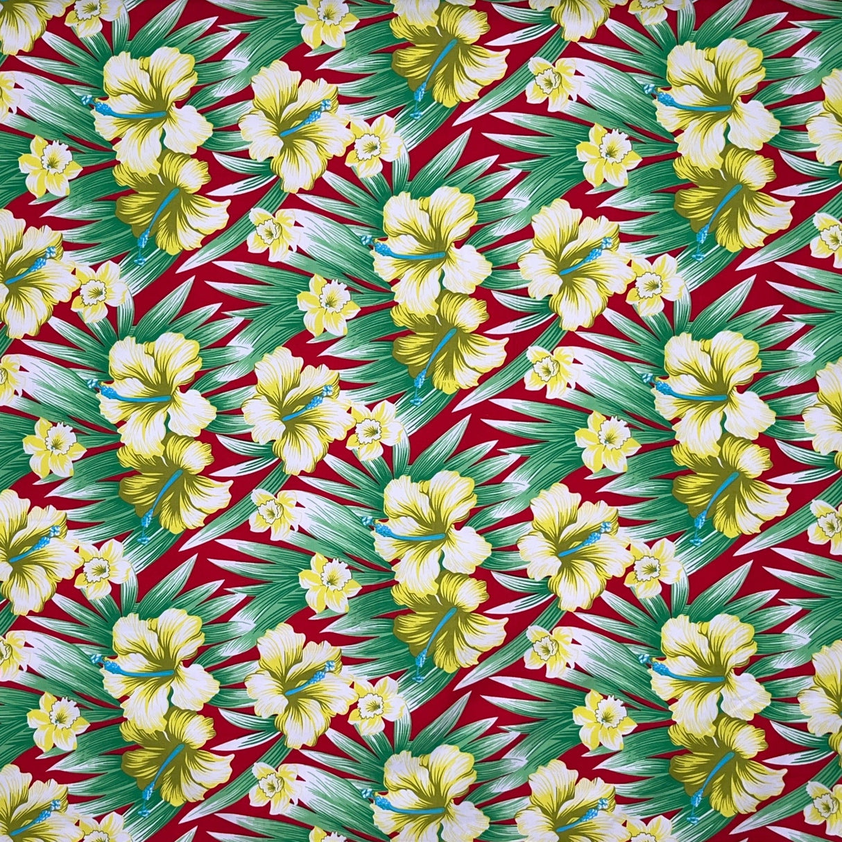 Multicolor Hibiscus Flowers Polyester Fabric - Tropical Hibiscus And Palm Tree Print, 60" Width (1 Yard)