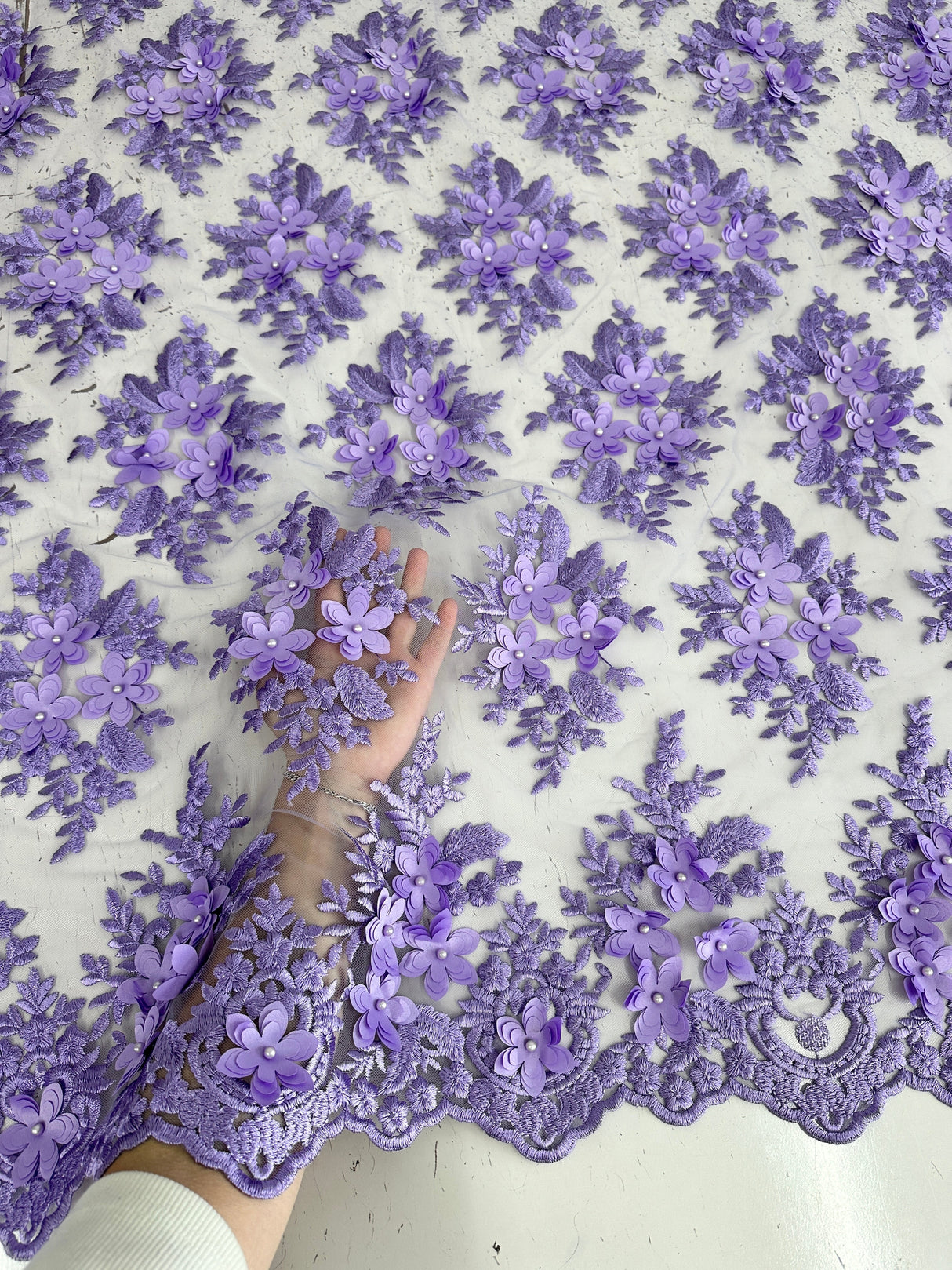 3D Flower Scalloped Mesh Lace Lavender