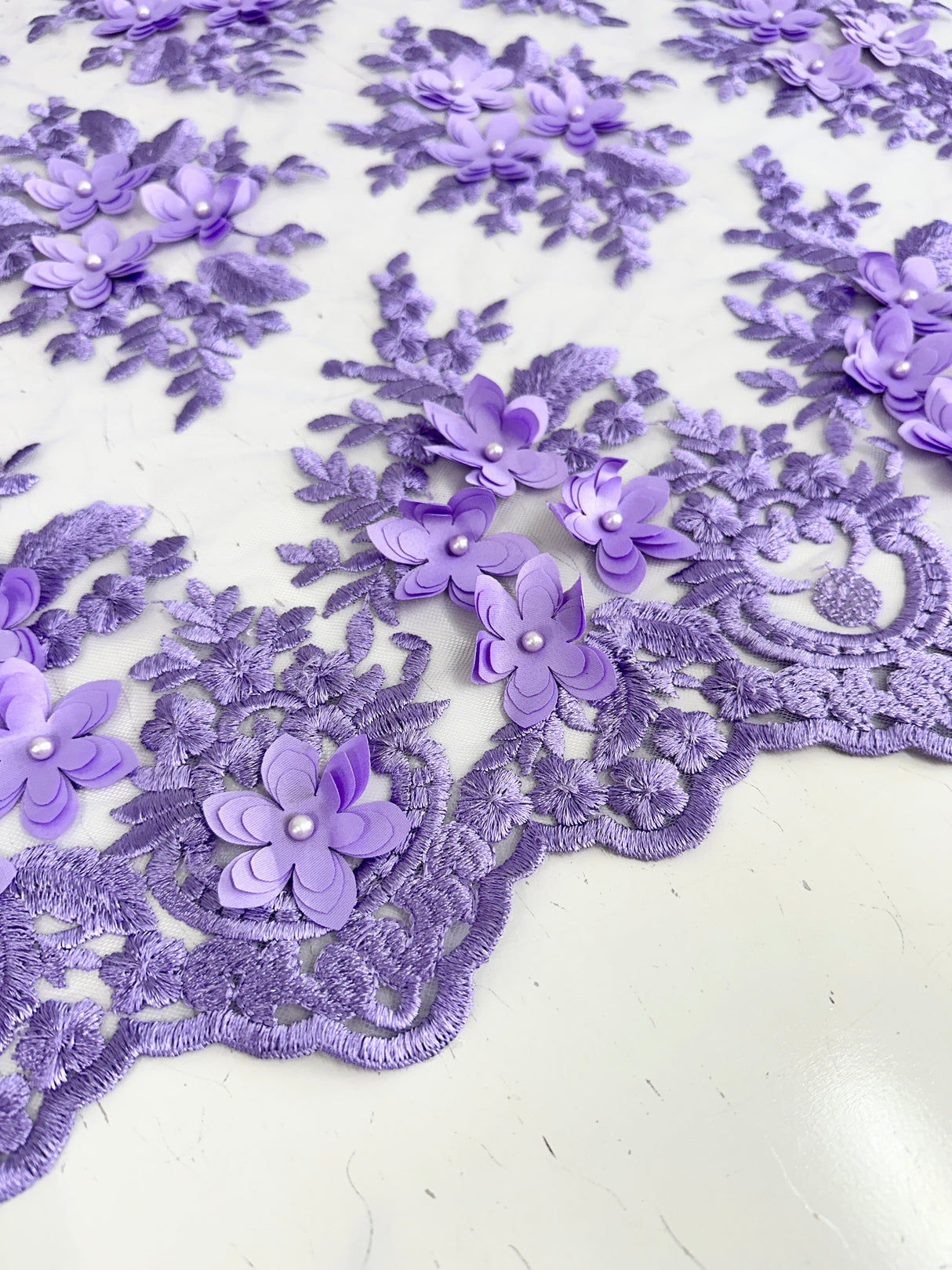 3D Flower Scalloped Mesh Lace Lavender