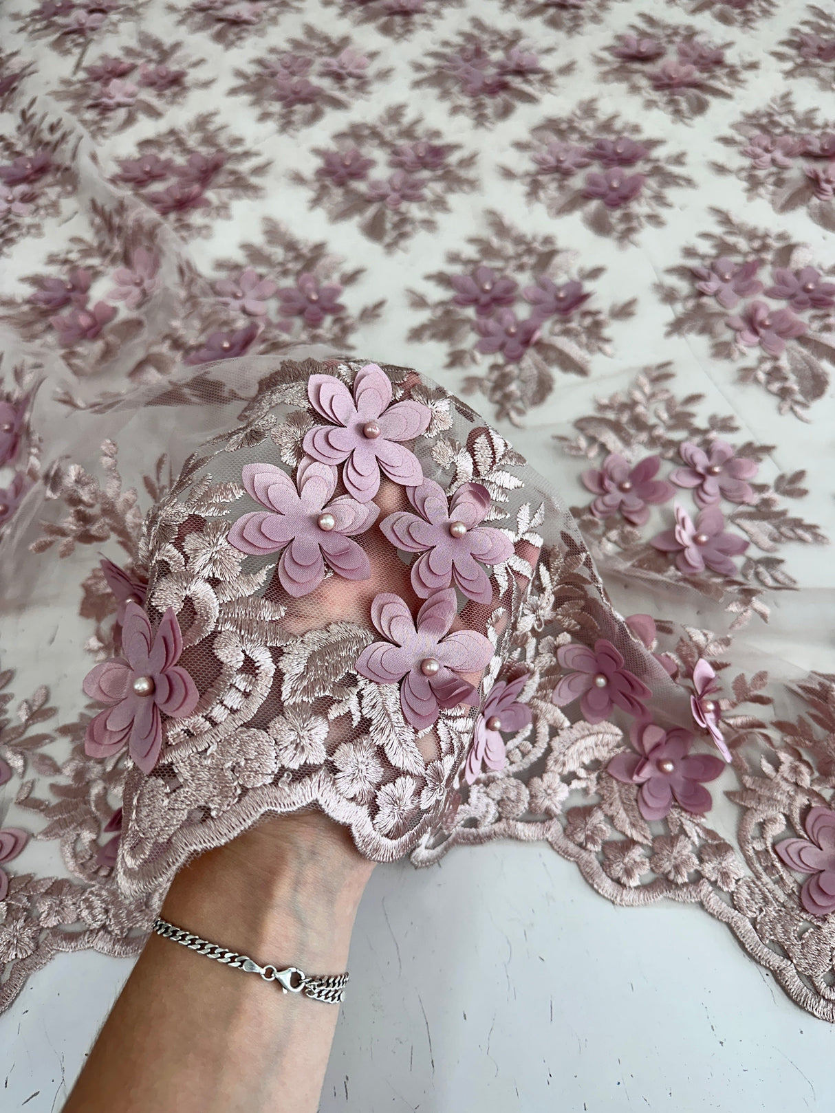 3D Flower Scalloped Mesh Lace Blush