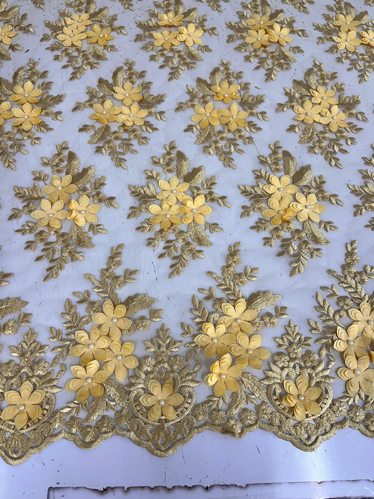 3D Flower Scalloped Mesh Lace Gold