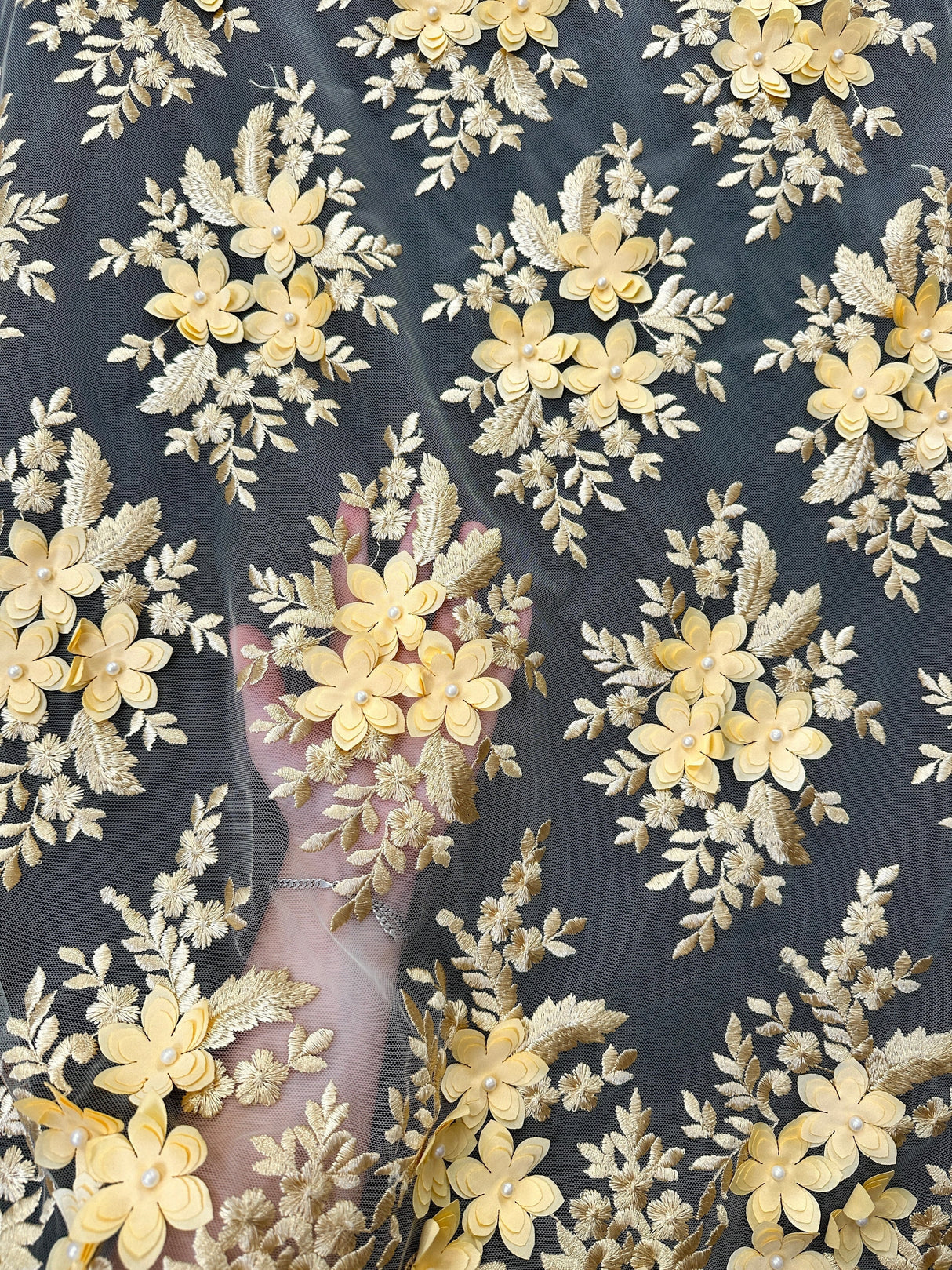 3D Flower Scalloped Mesh Lace Gold