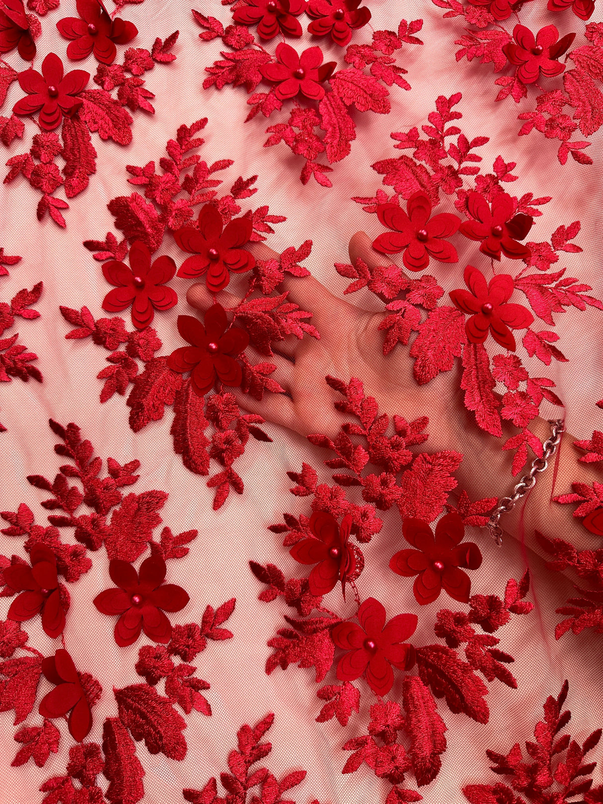 3D Floral Scalloped Mesh Lace Red