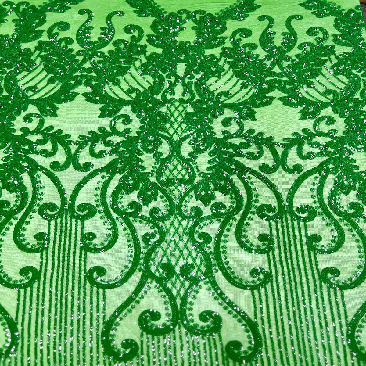 Alta Striped Damask Stretch Sequins Nylon Spandex Mesh Fabric - Pearl Blue Iridescent, Striped Damask, 60" Width (1 Yard)
