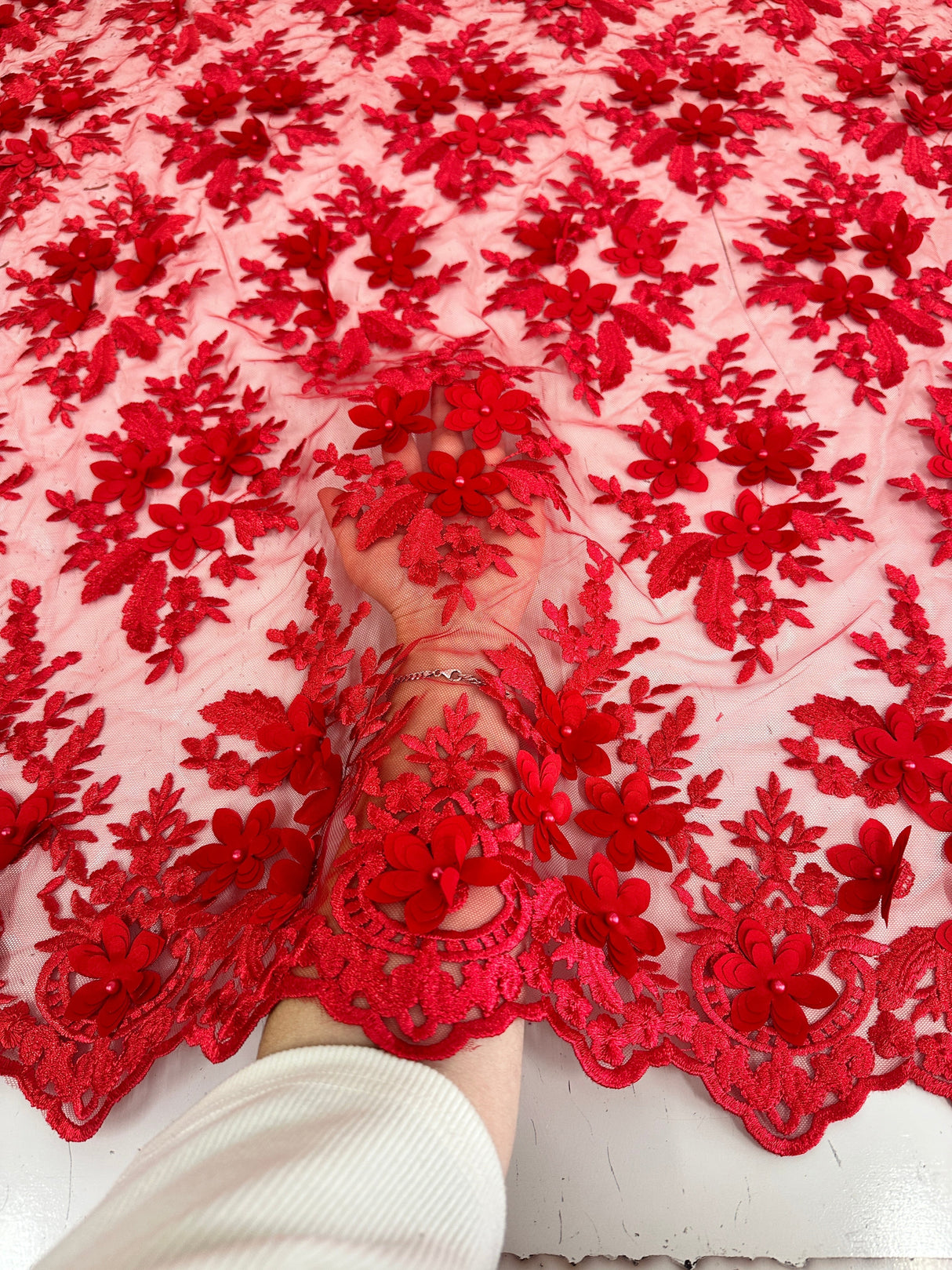 3D Floral Scalloped Mesh Lace Red