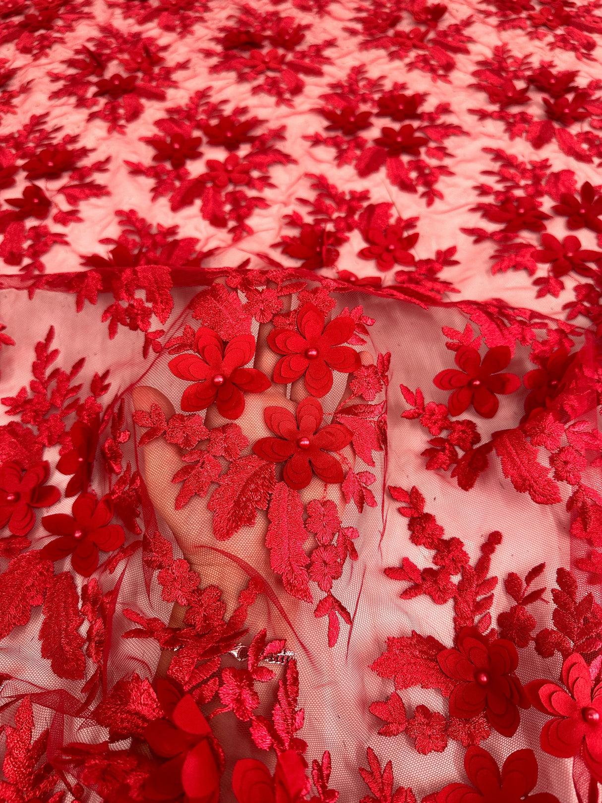 3D Floral Scalloped Mesh Lace Red