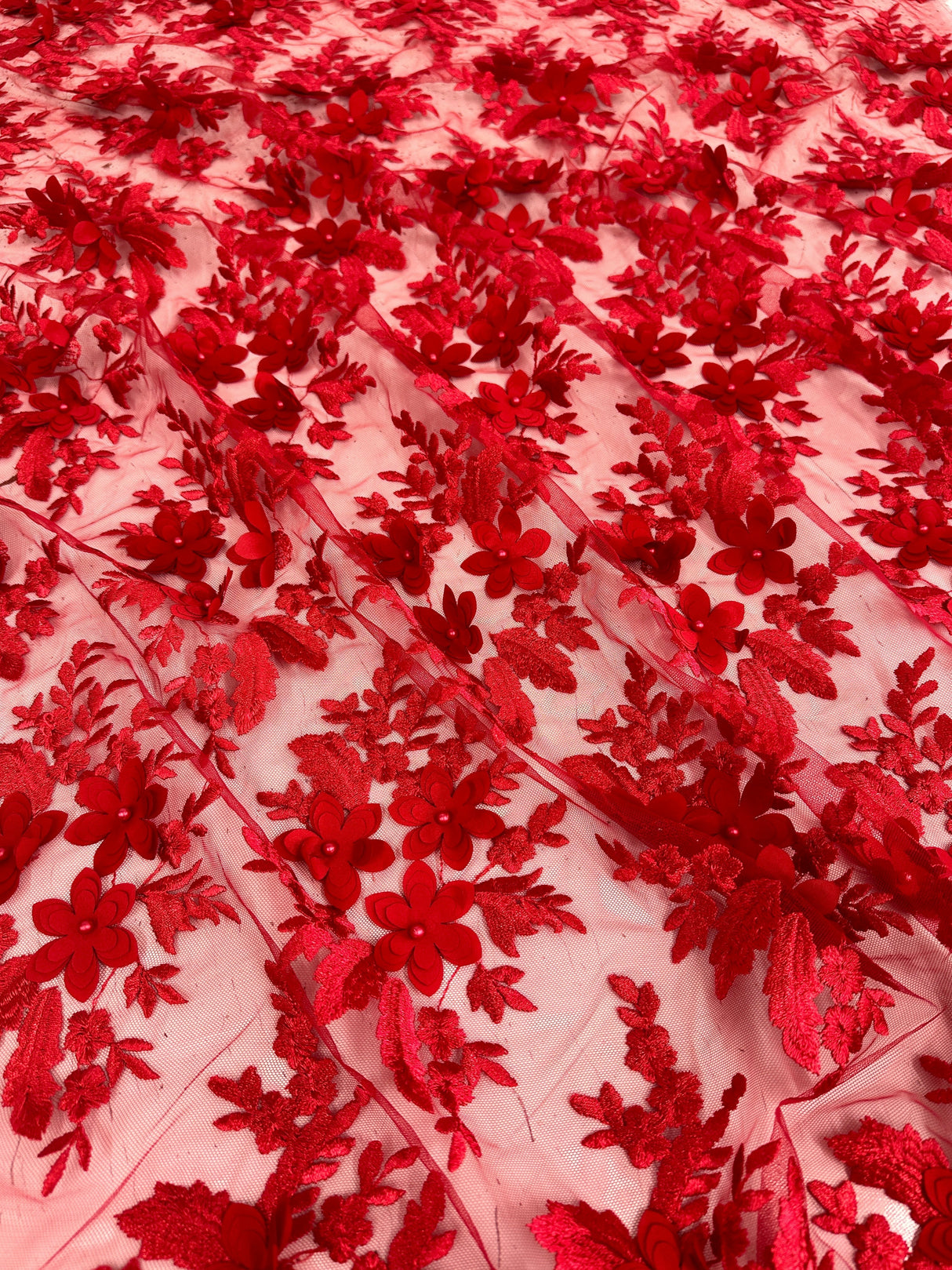 3D Floral Scalloped Mesh Lace Red